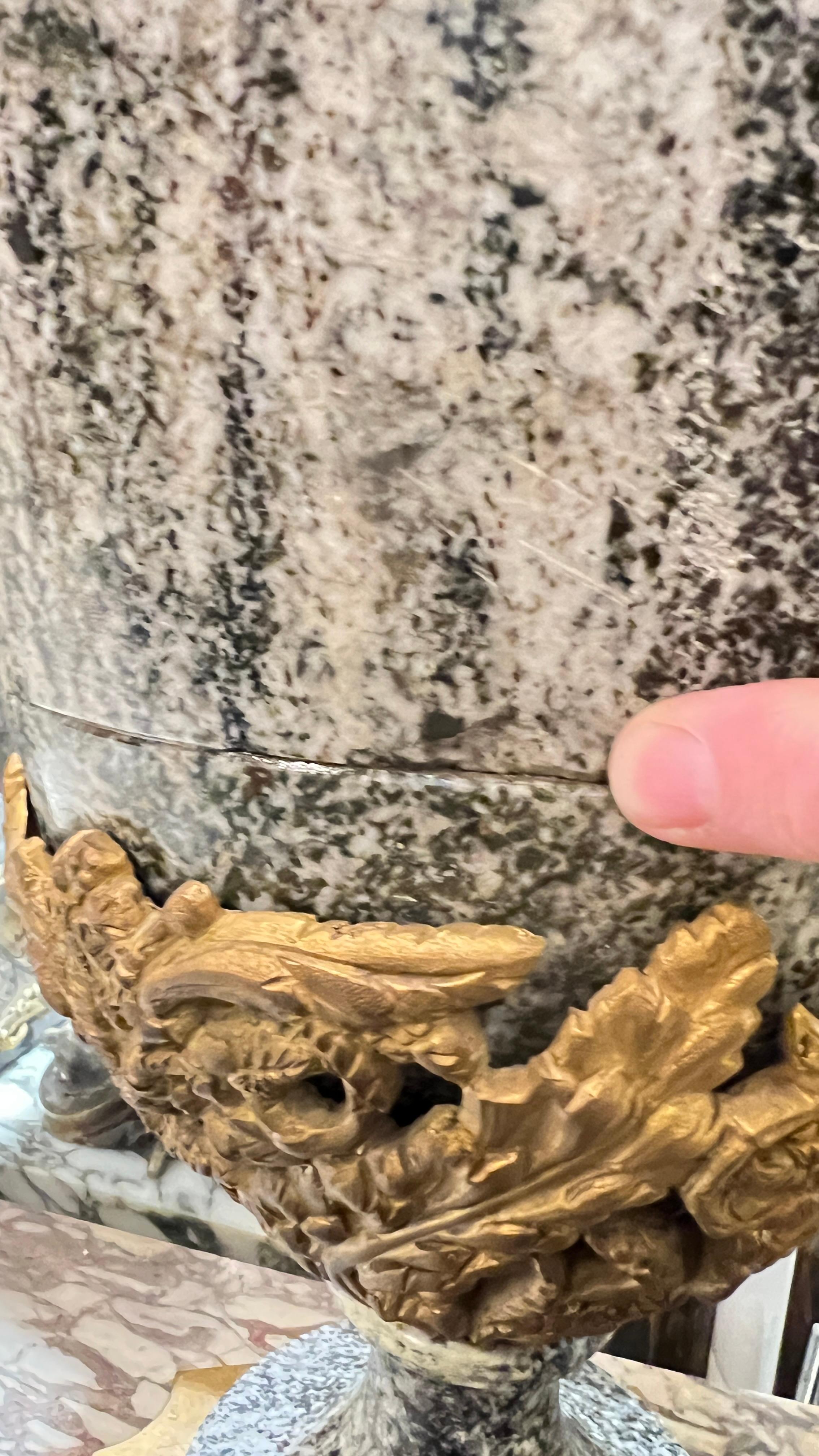 Pair Large Louis XVI Style Gilt Bronze Mounted Charcoal and White Marble Vases For Sale 8
