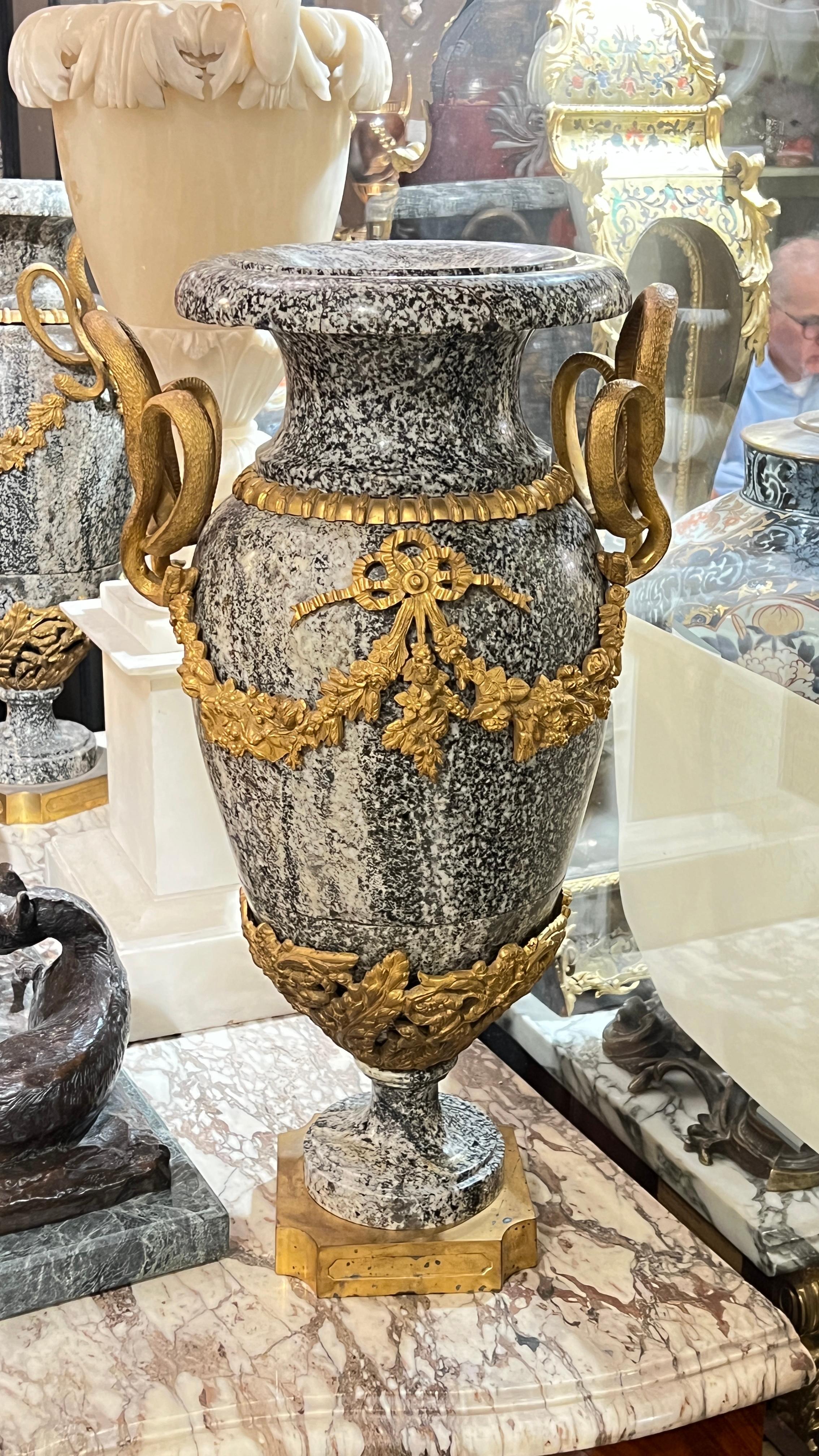 French Pair Large Louis XVI Style Gilt Bronze Mounted Charcoal and White Marble Vases For Sale