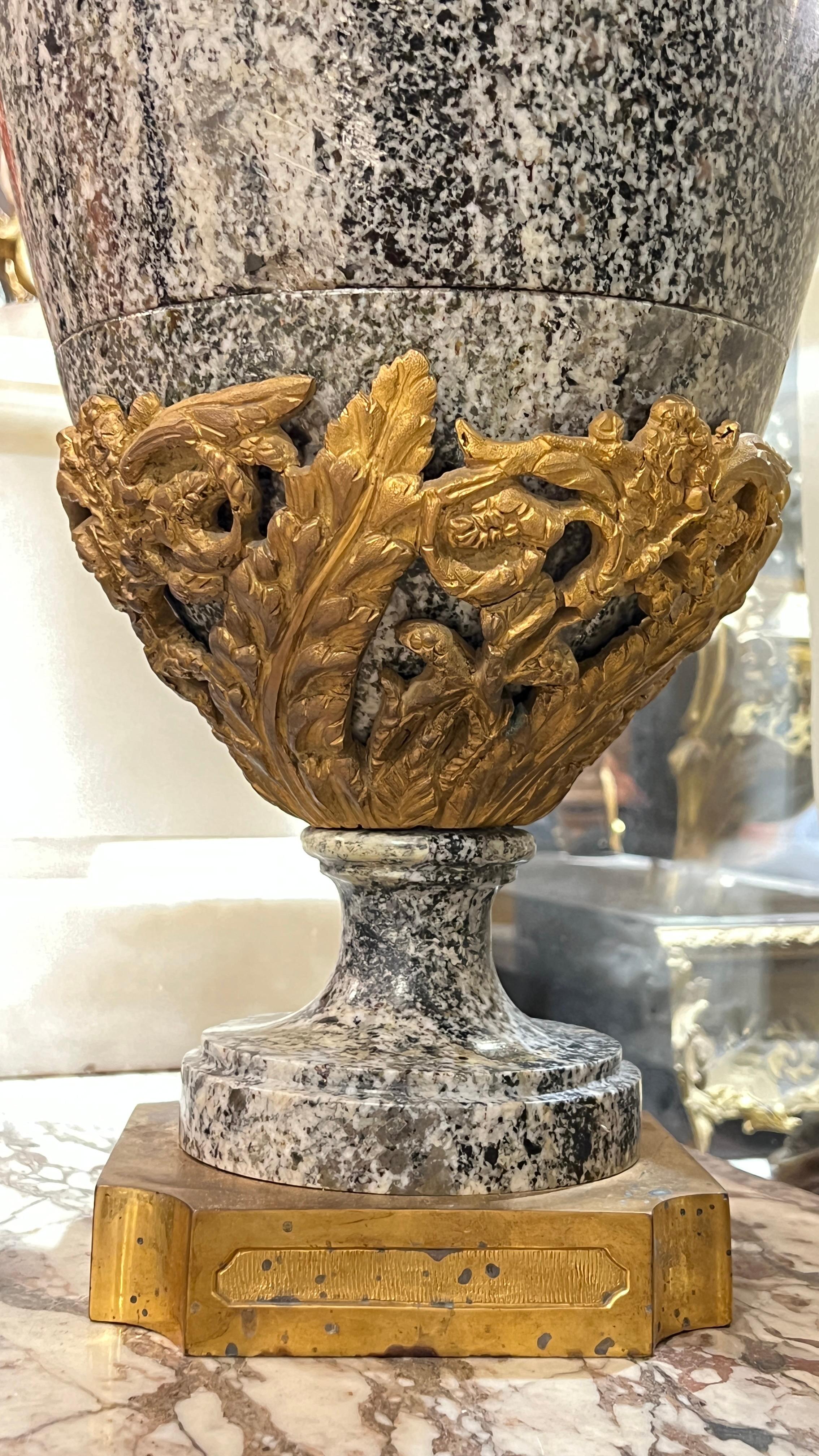 Late 19th Century Pair Large Louis XVI Style Gilt Bronze Mounted Charcoal and White Marble Vases For Sale