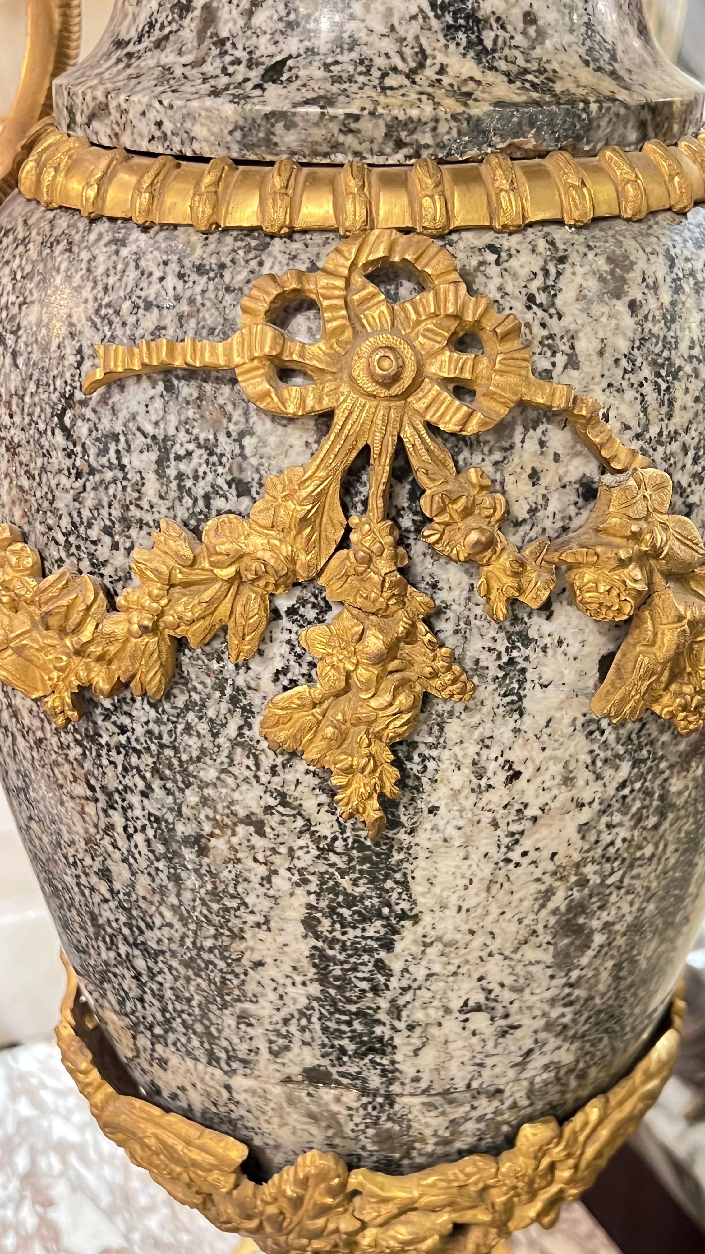 Pair Large Louis XVI Style Gilt Bronze Mounted Charcoal and White Marble Vases For Sale 3