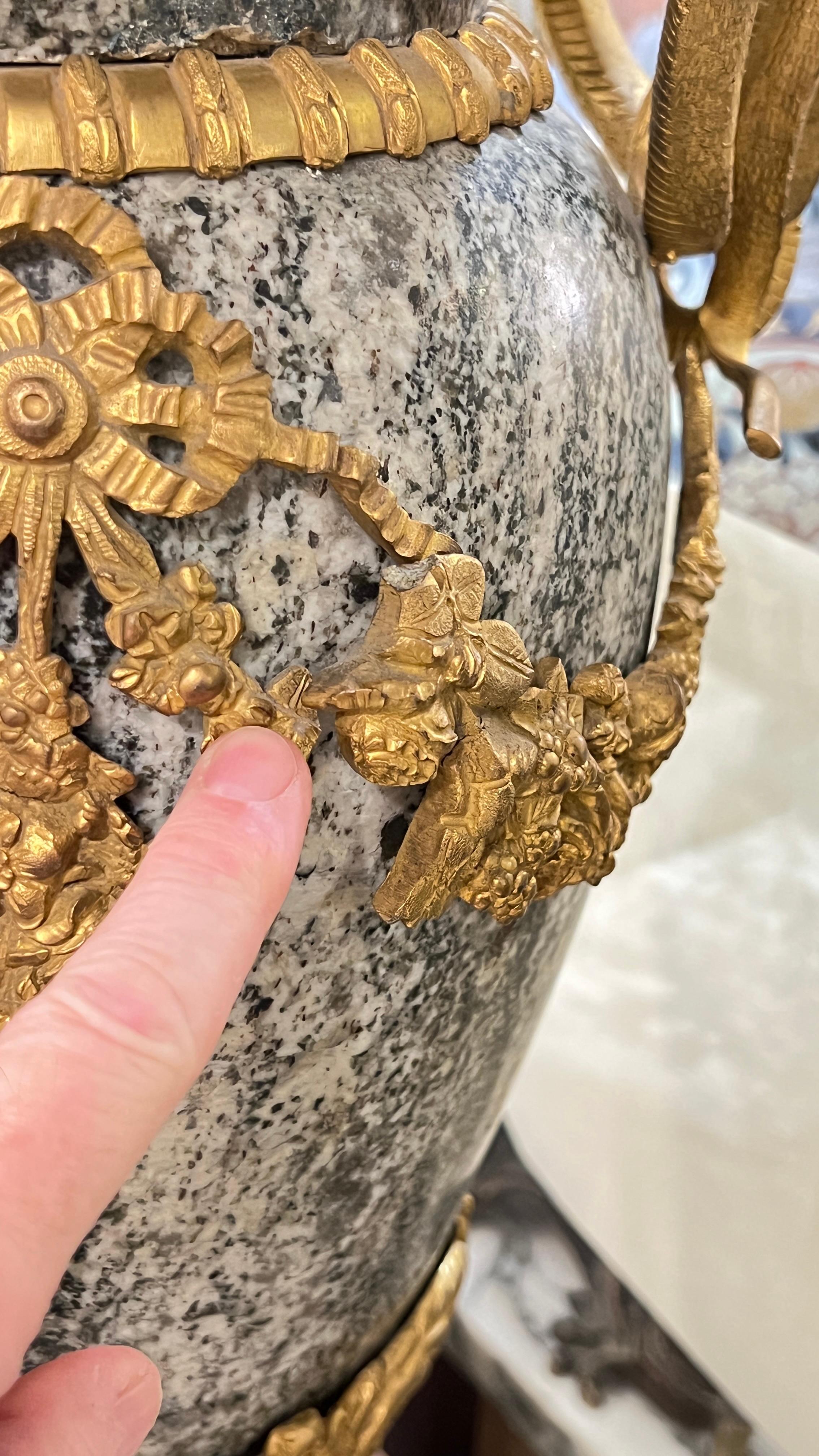 Pair Large Louis XVI Style Gilt Bronze Mounted Charcoal and White Marble Vases For Sale 4
