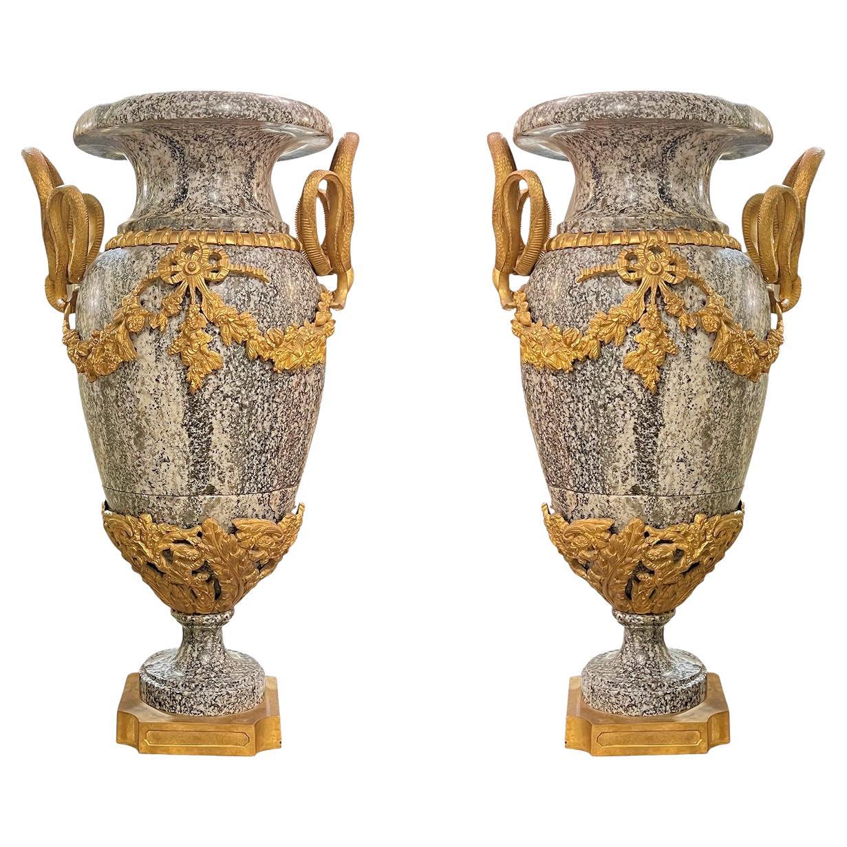 Pair Large Louis XVI Style Gilt Bronze Mounted Charcoal and White Marble Vases For Sale
