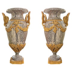 Pair Large Louis XVI Style Gilt Bronze Mounted Charcoal and White Marble Vases