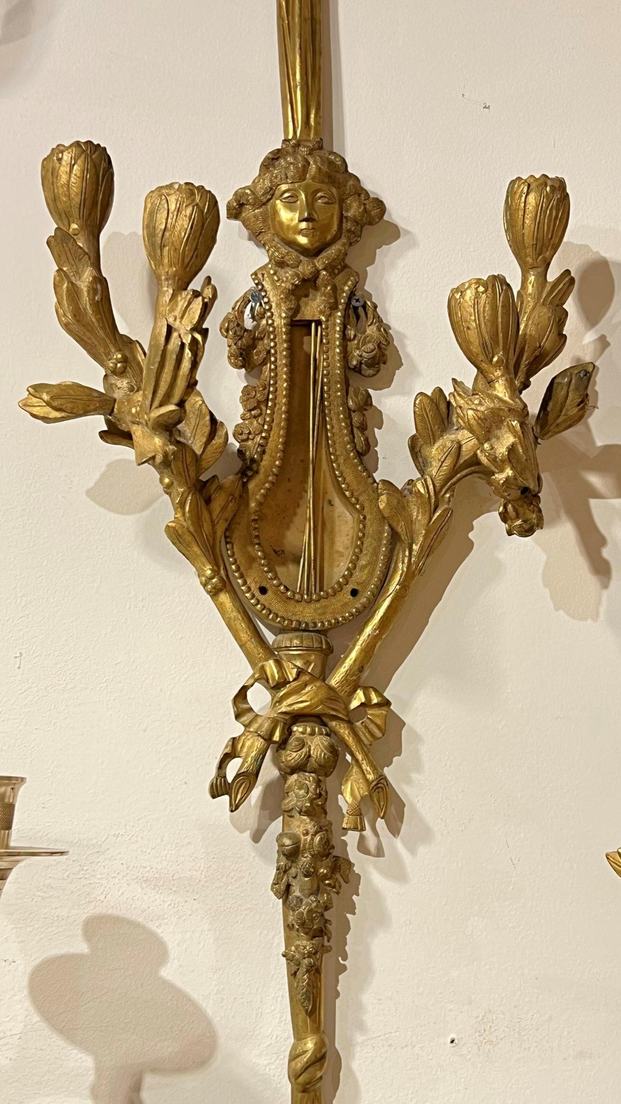 Pair of very Large French circa 1900 Louis XVI Style Gilt Bronze sconces.