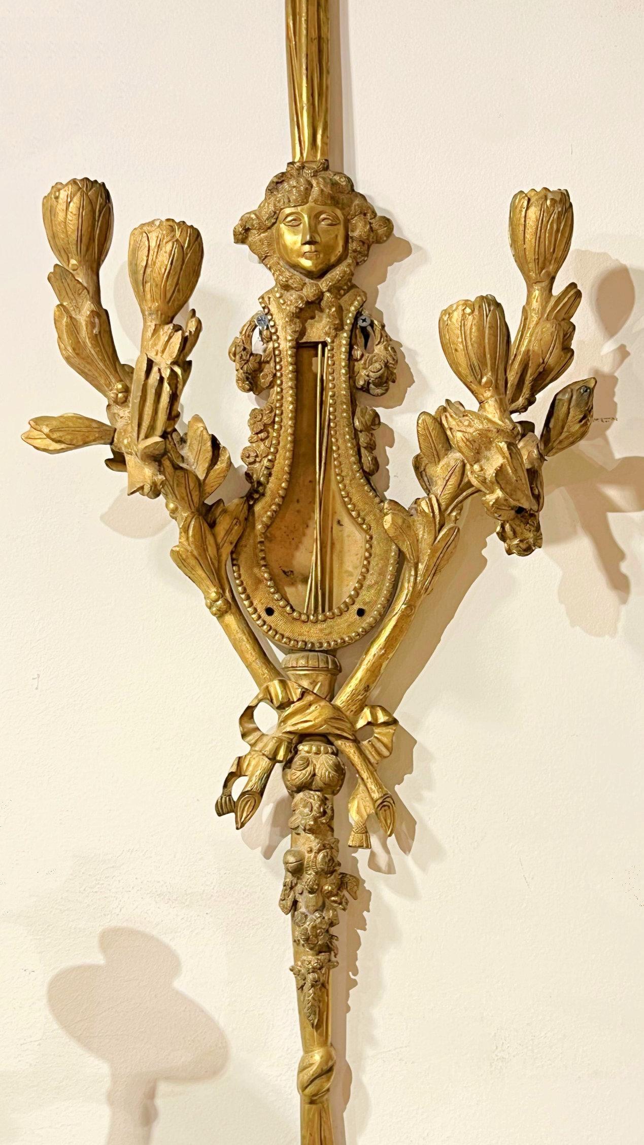 Pair of large French  Louis XVI Style Gilt Bronze Sconces For Sale 3