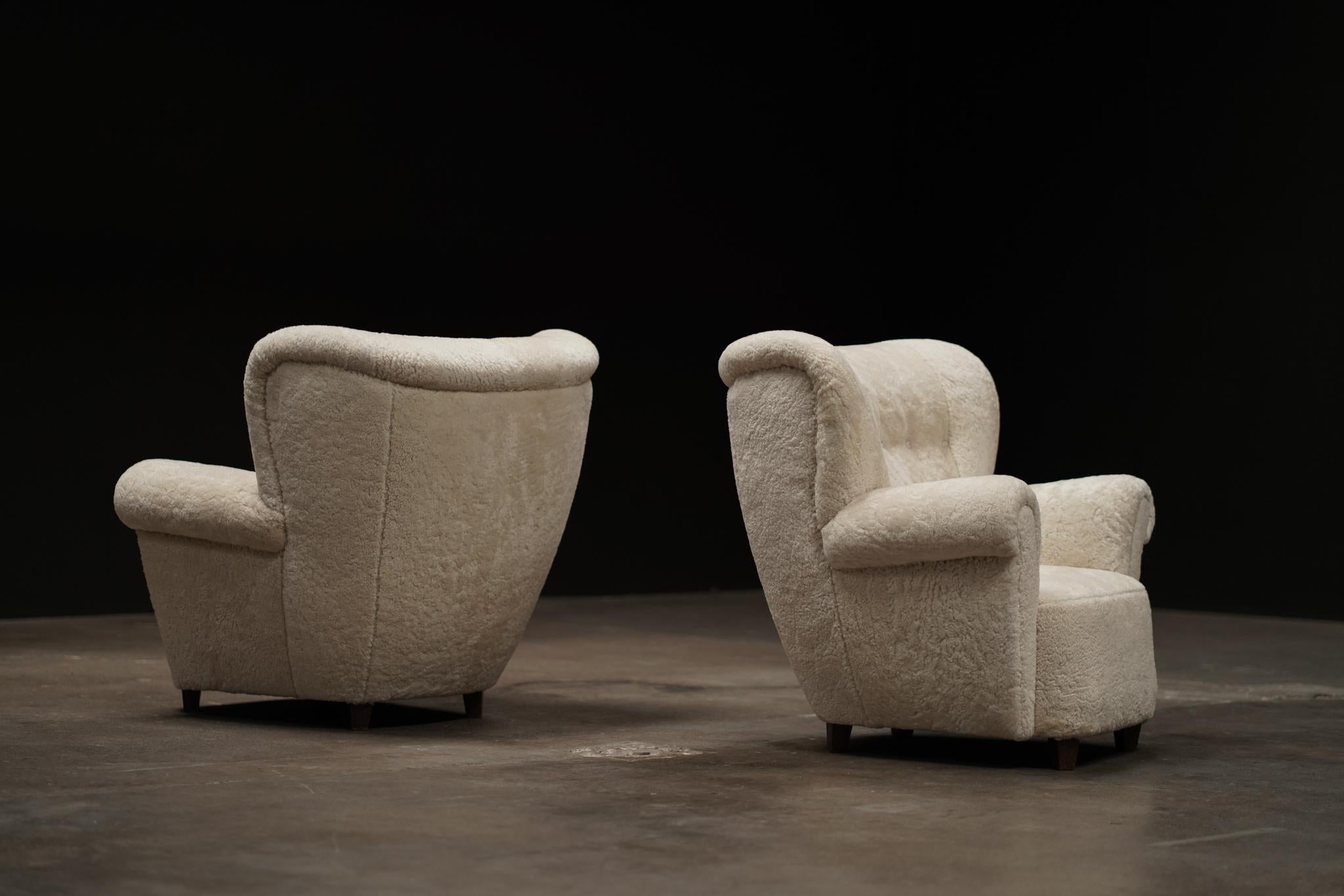 Danish Pair Large Lounge Chairs, Shearling For Sale