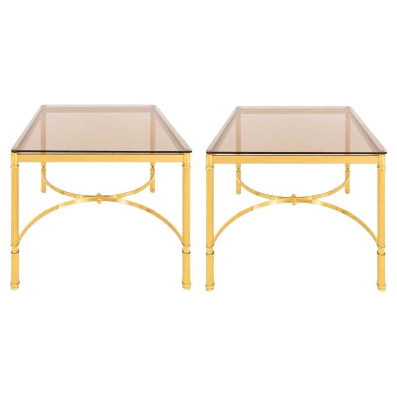 Pair Large Maison Jansen Style Smoked Glass and Gilt Side Tables