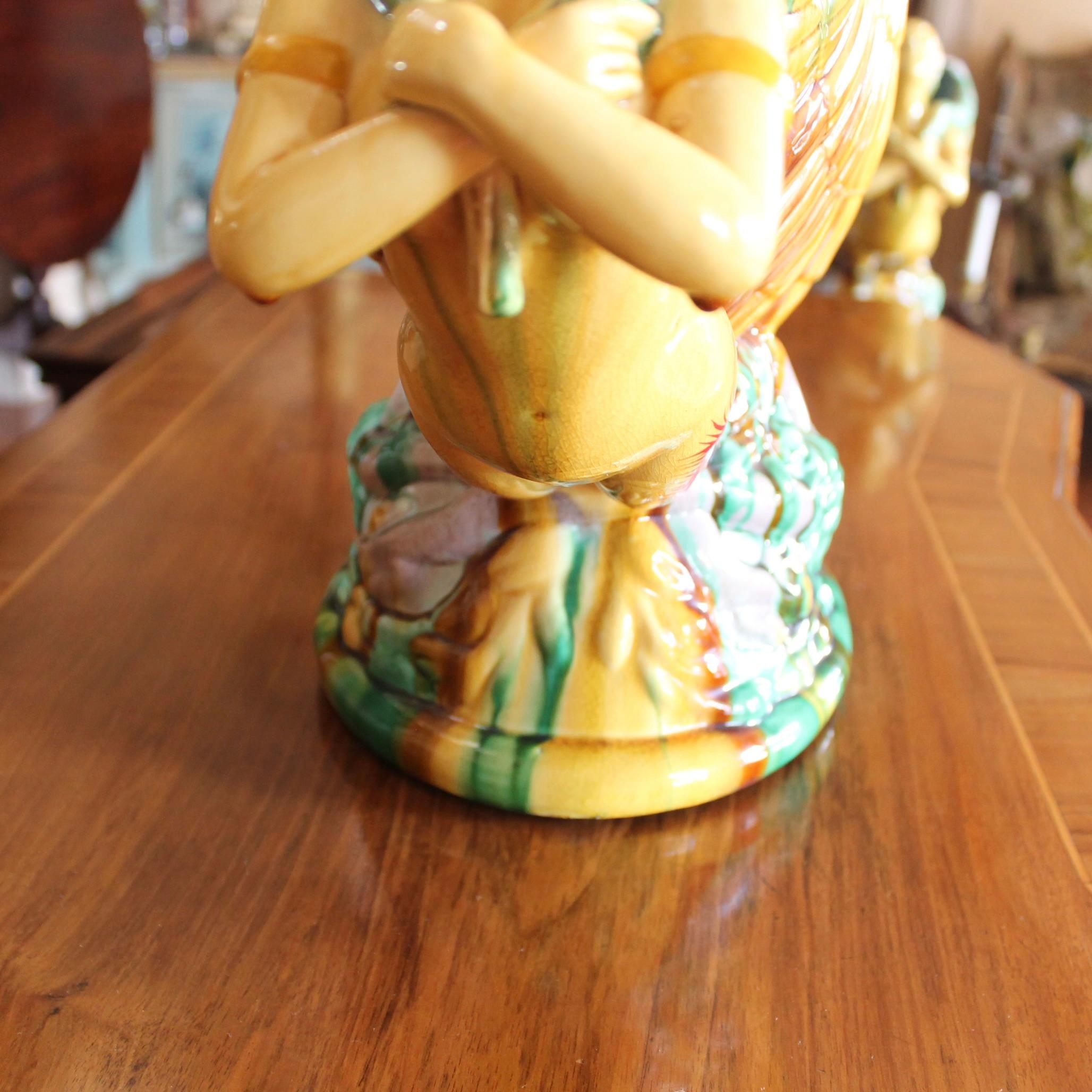 Pair Large Majolica Seashell Centerpieces With Mermaid Caryatids, after Minton  For Sale 3