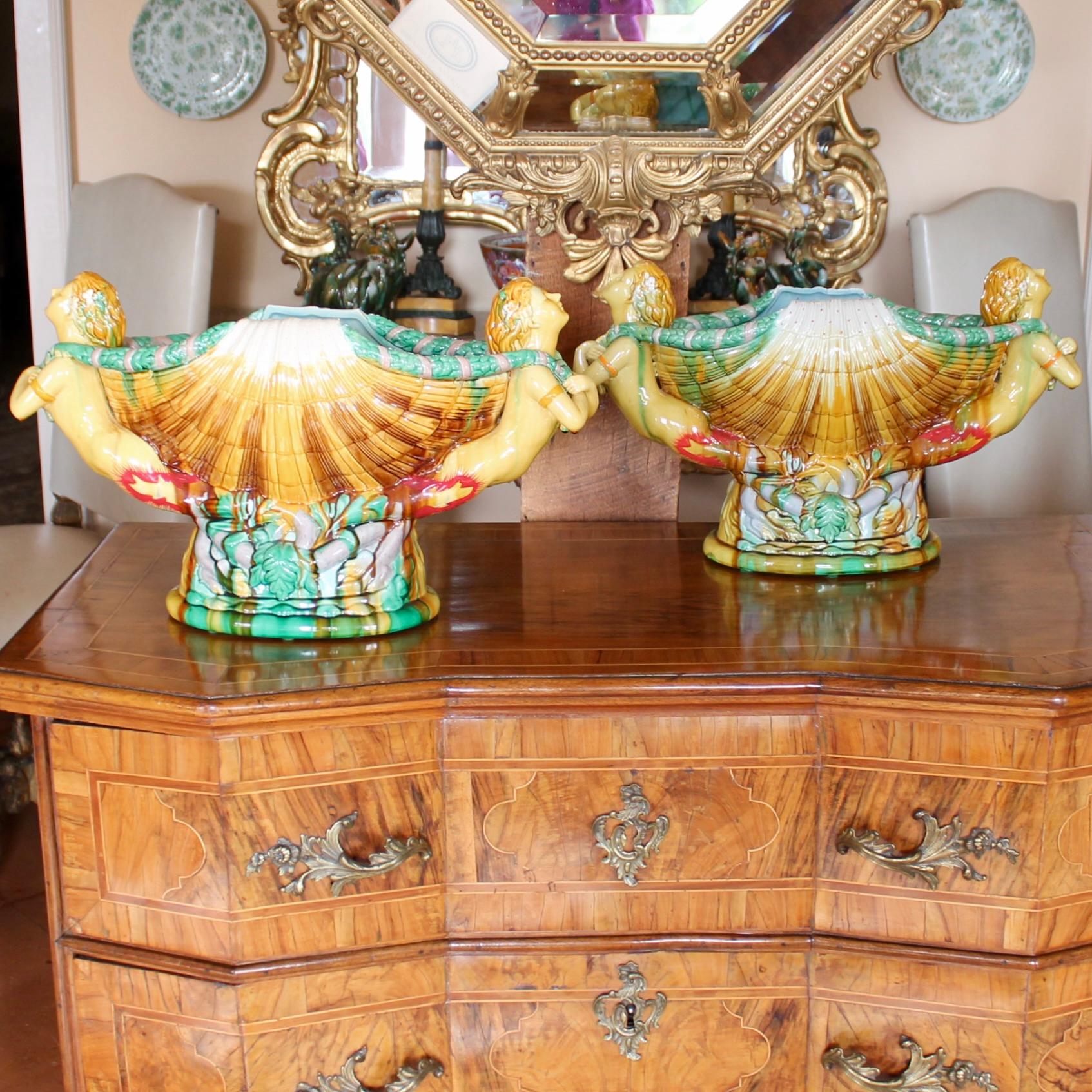 Pair Large Majolica Seashell Centerpieces With Mermaid Caryatids, after Minton  For Sale 7