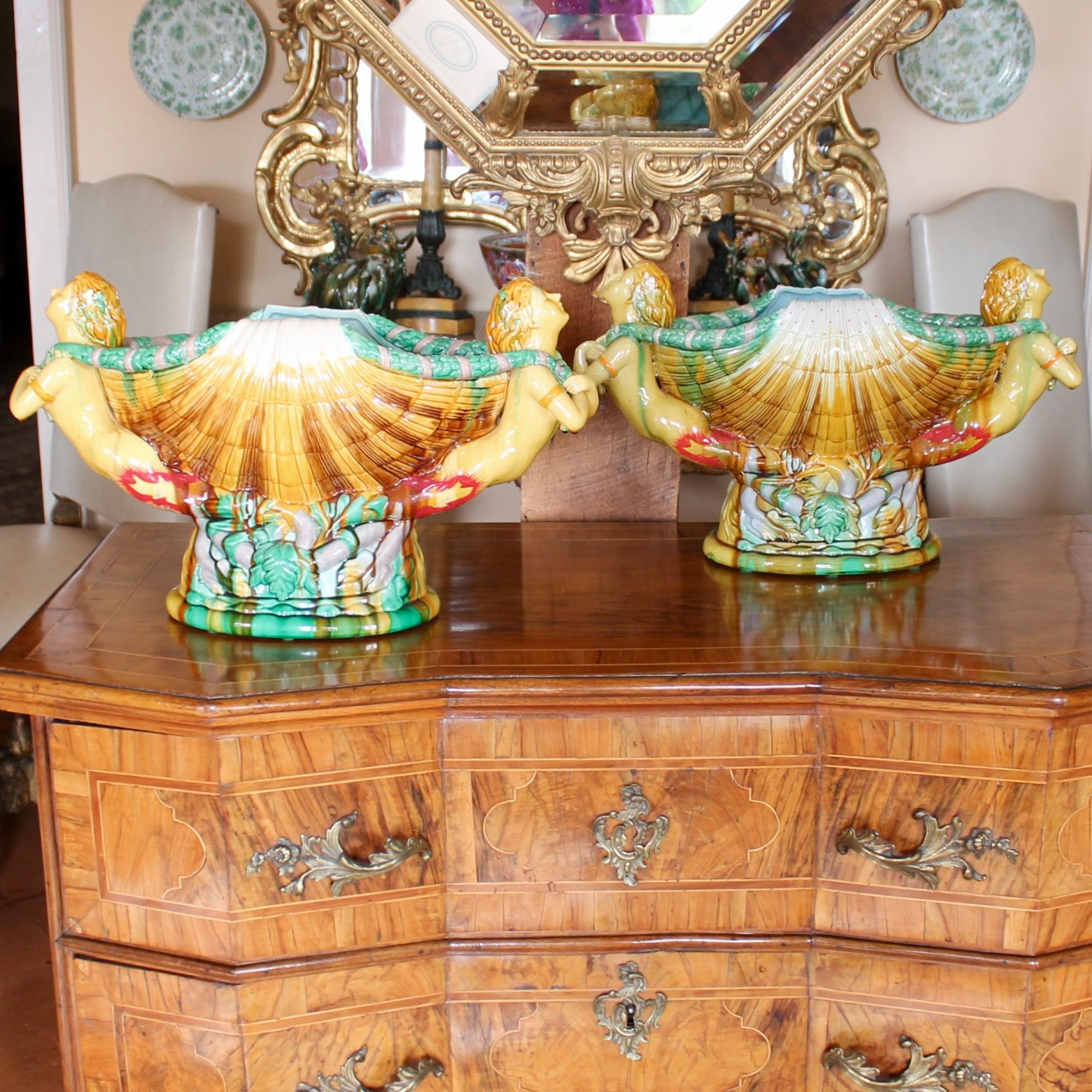 Pair Large Majolica Seashell Centerpieces With Mermaid Caryatids, after Minton For Sale 7