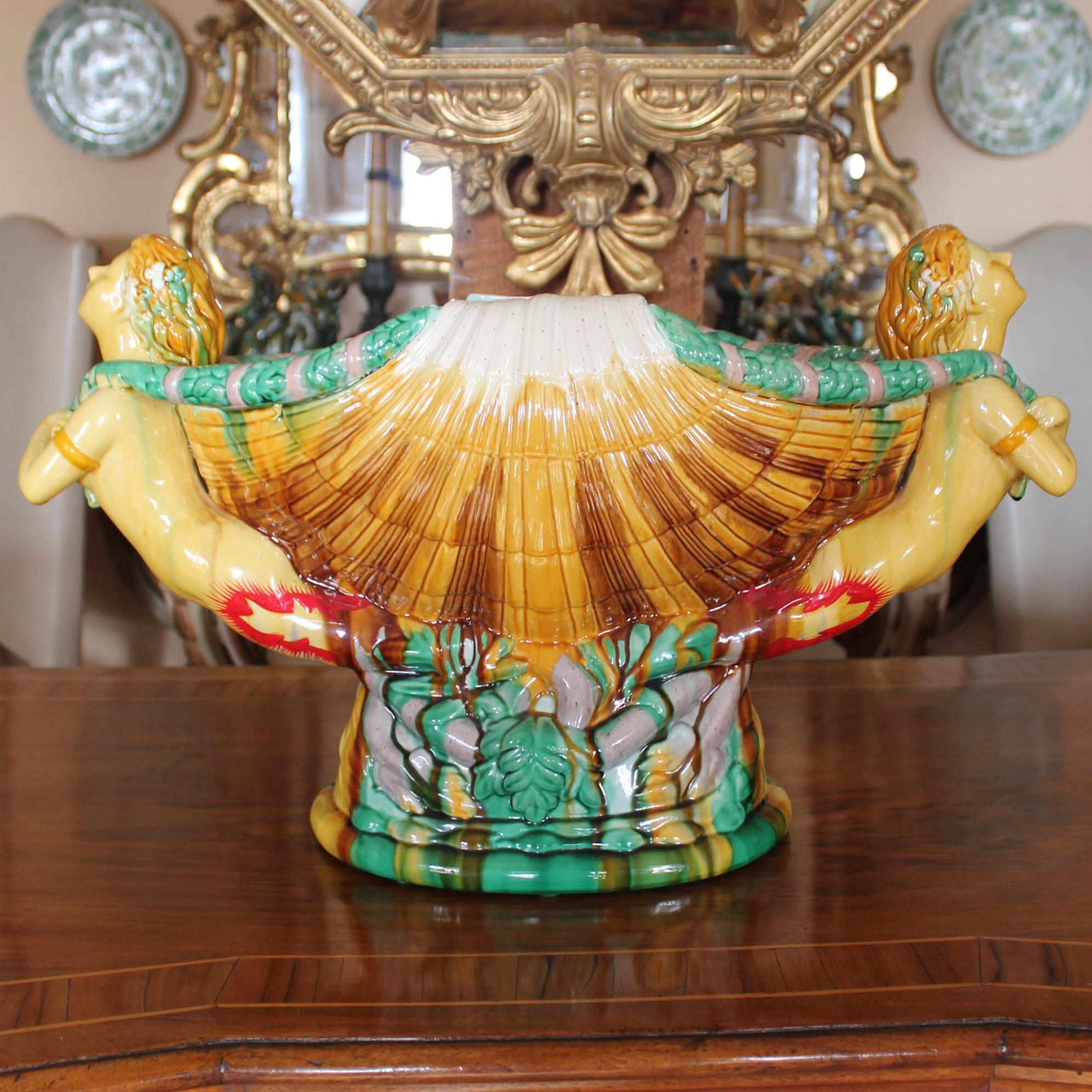 Victorian Pair Large Majolica Seashell Centerpieces With Mermaid Caryatids, after Minton  For Sale
