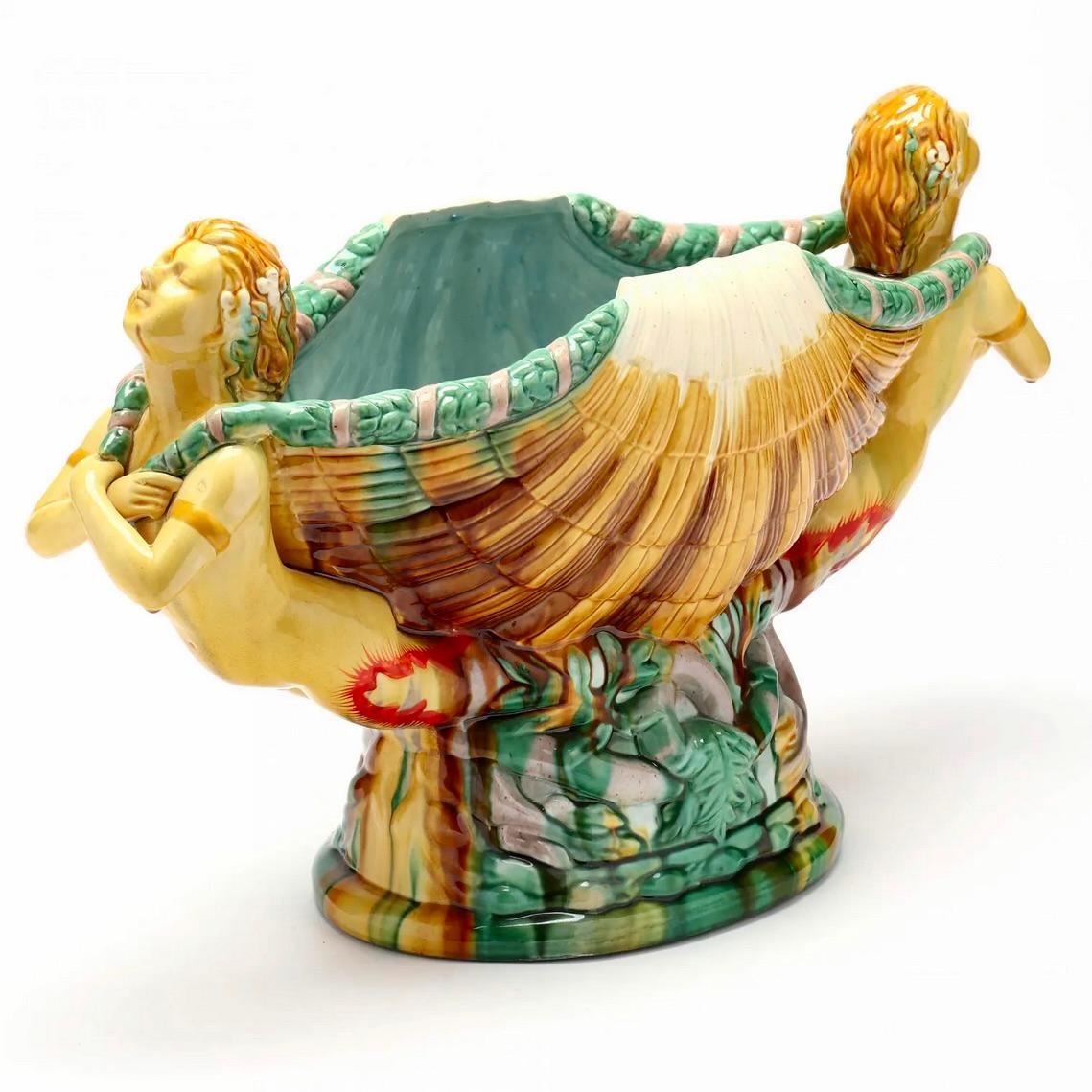 Pair Large Majolica Seashell Centerpieces With Mermaid Caryatids, after Minton  In Good Condition For Sale In Free Union, VA