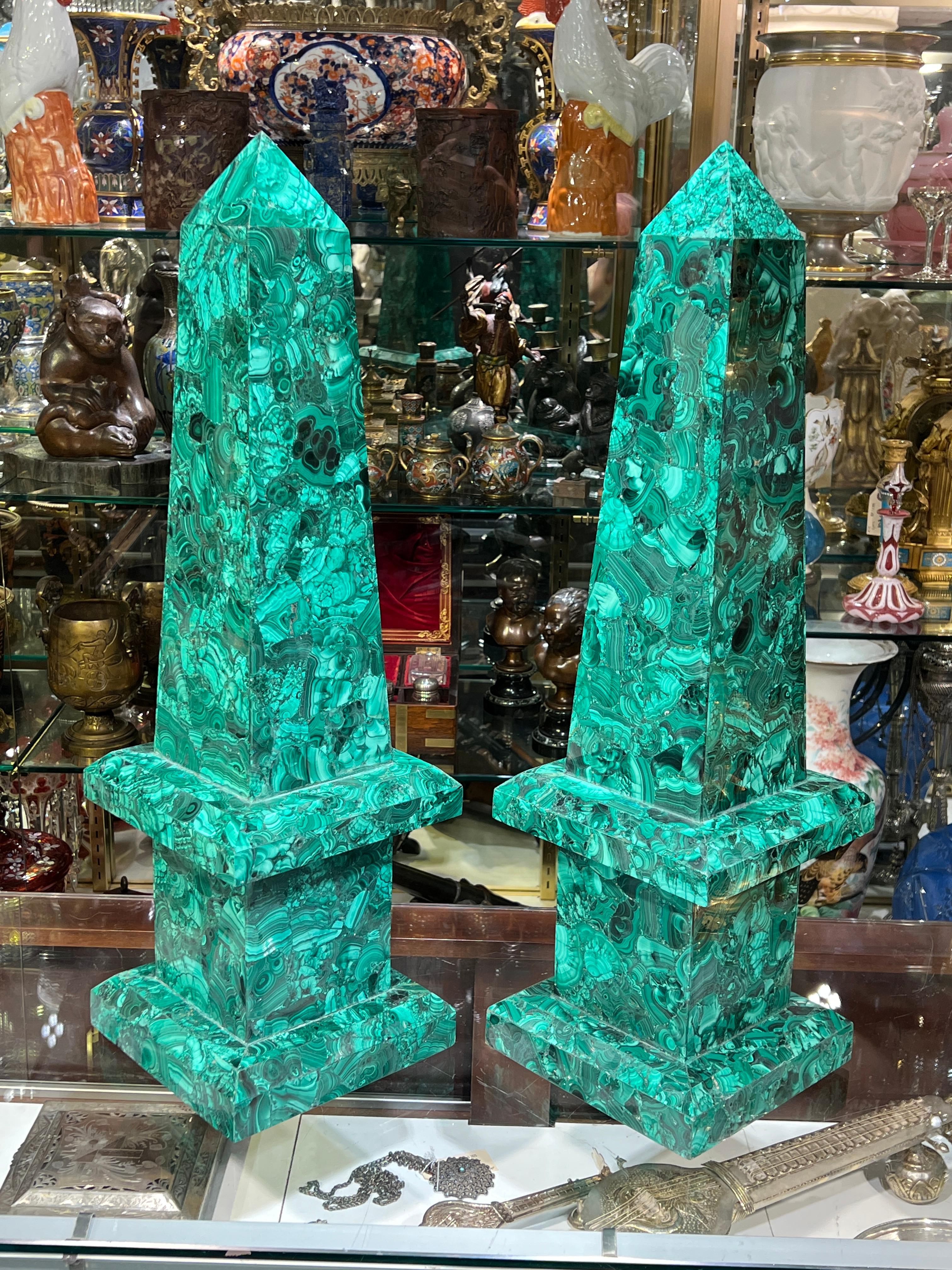 XX secolo Pair Large Malachite Obelisks -- 28 Inches Tall in vendita