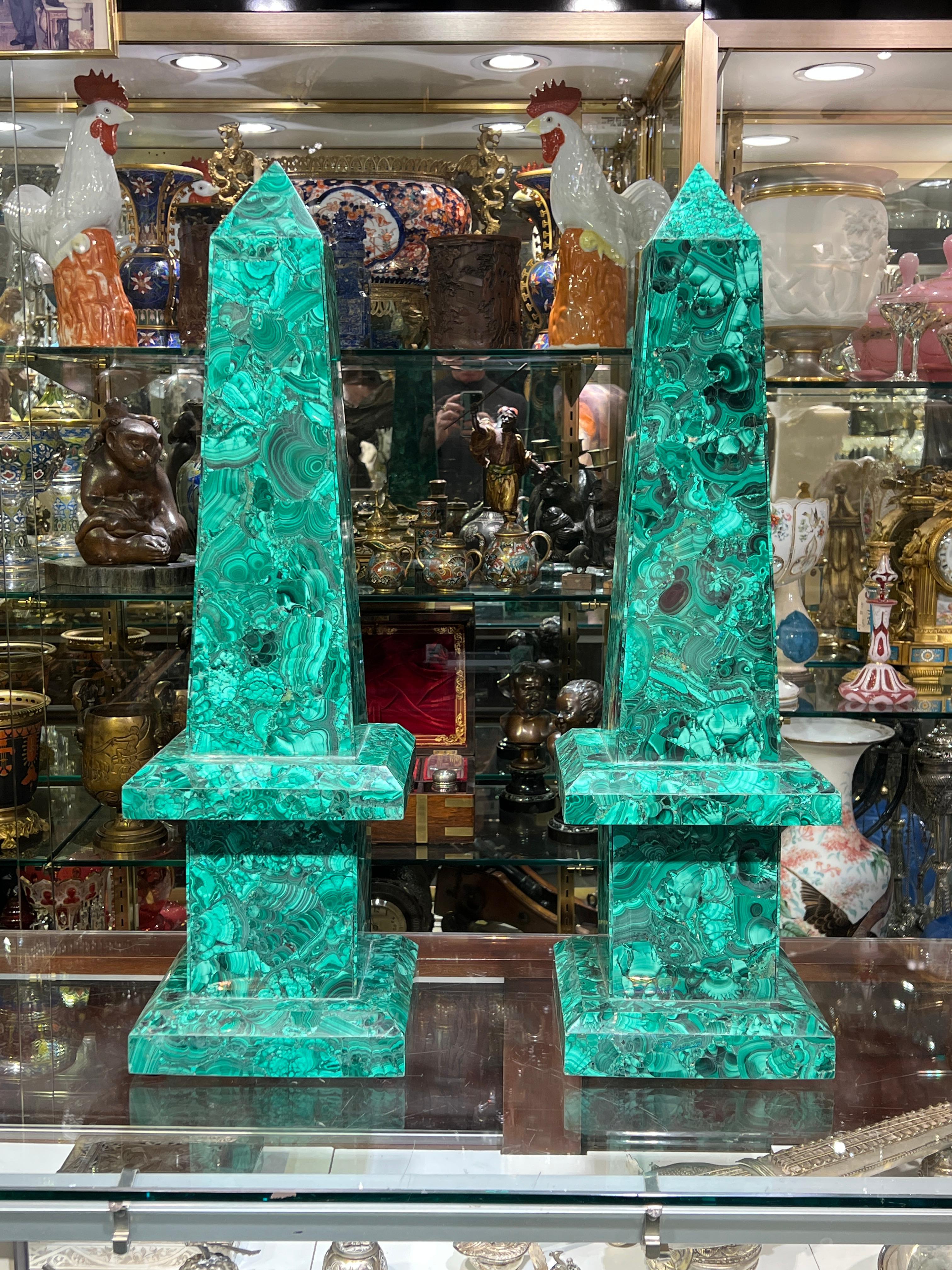 Pair Large Malachite Obelisks -- 28 Inches Tall in vendita 1