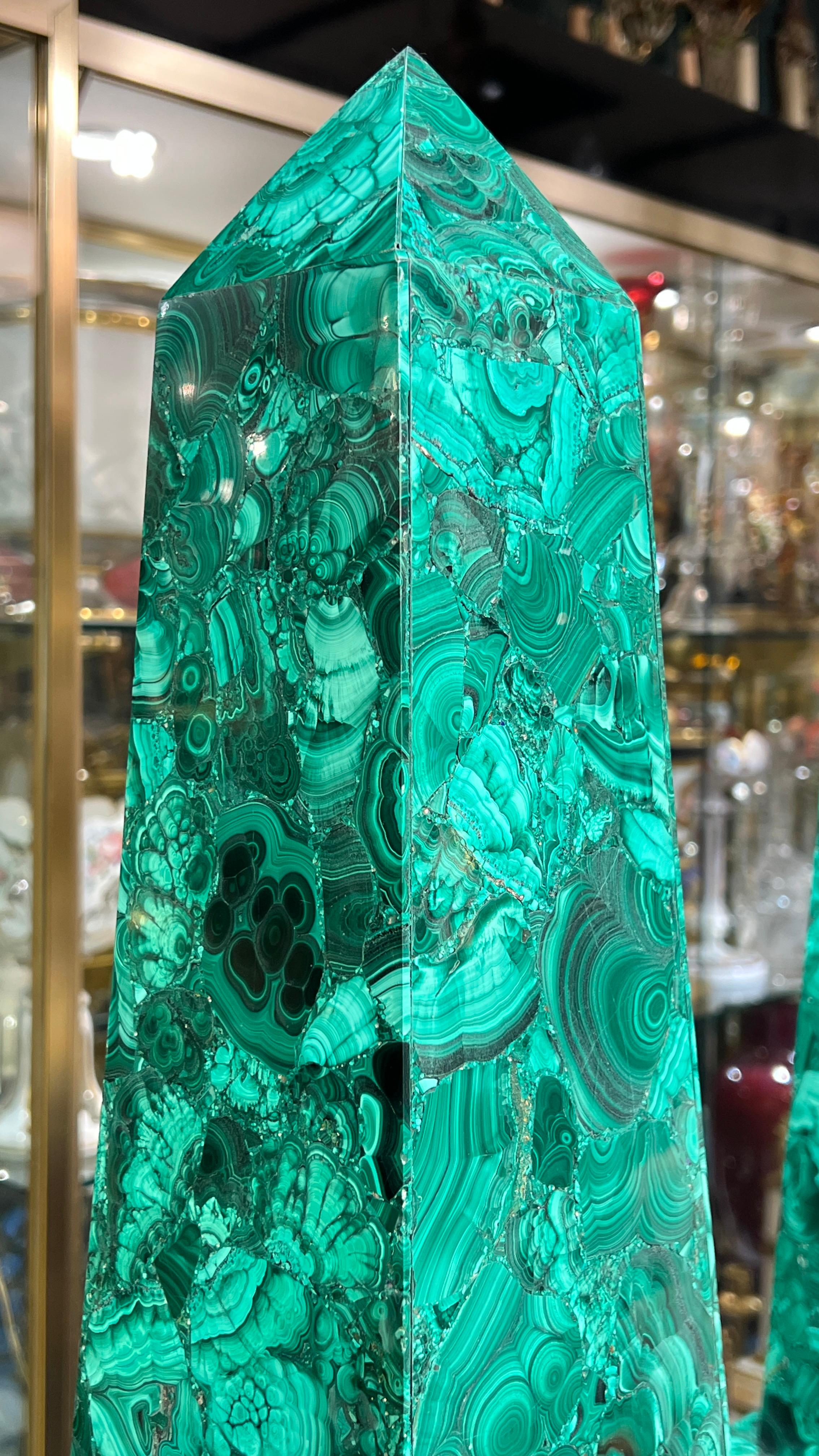 Pair Large Malachite Obelisks -- 28 Inches Tall in vendita 2