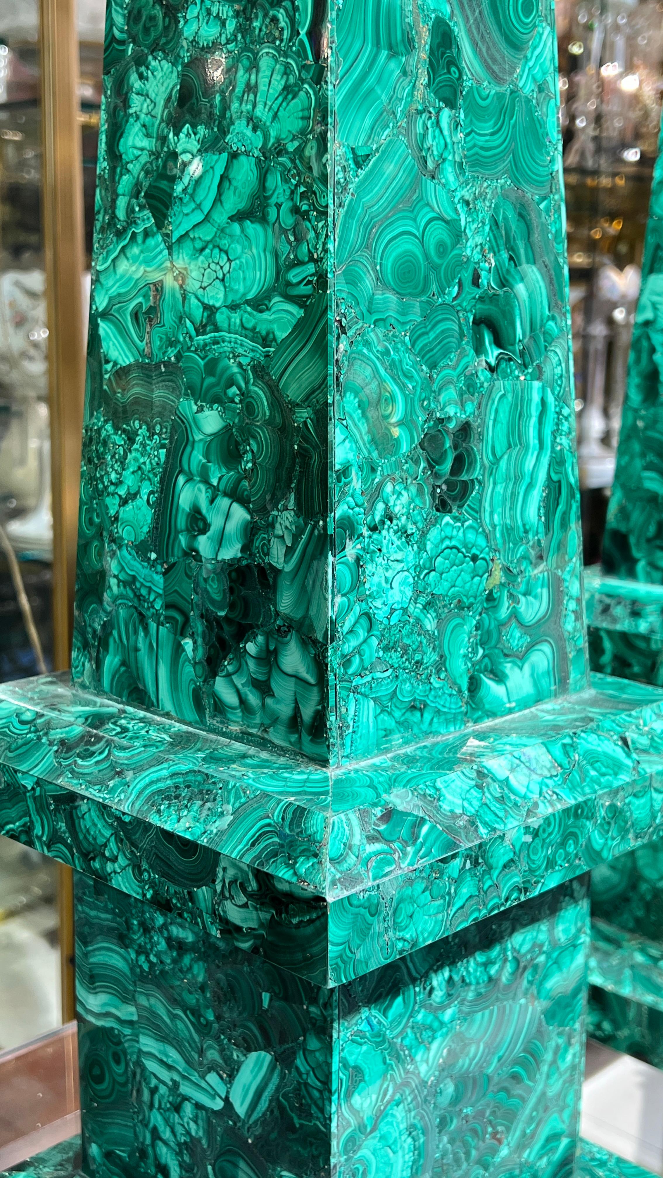 Pair Large Malachite Obelisks -- 28 Inches Tall in vendita 3