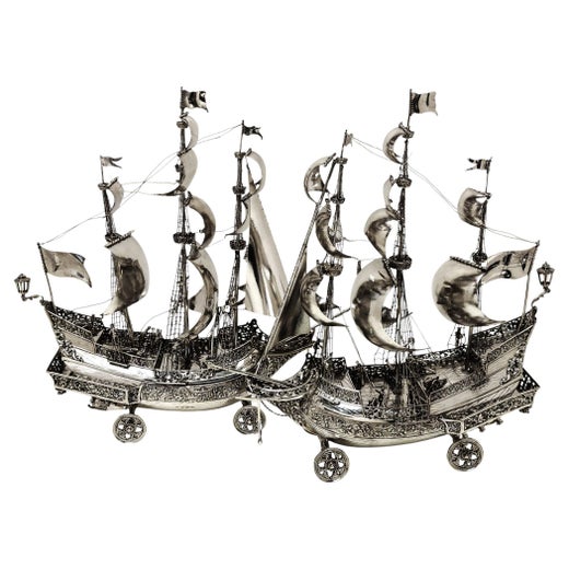 Pair Large Matched Solid Silver Nefs / Model Ships Centrepieces c. 1930