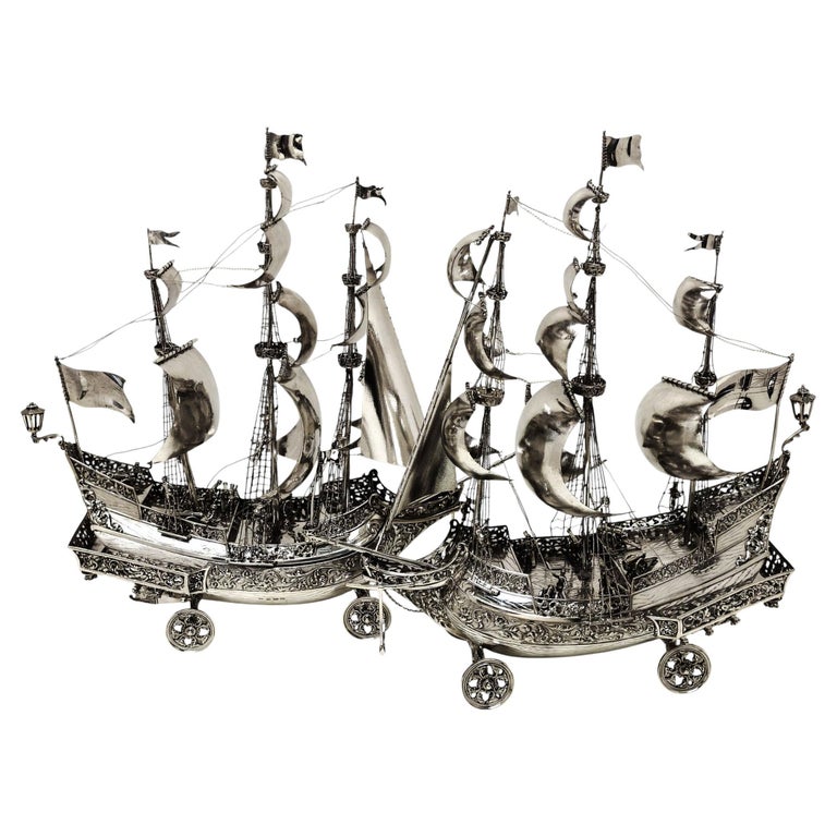 Pair Large Matched Solid Silver Nefs / Model Ships Centrepieces c. 1930