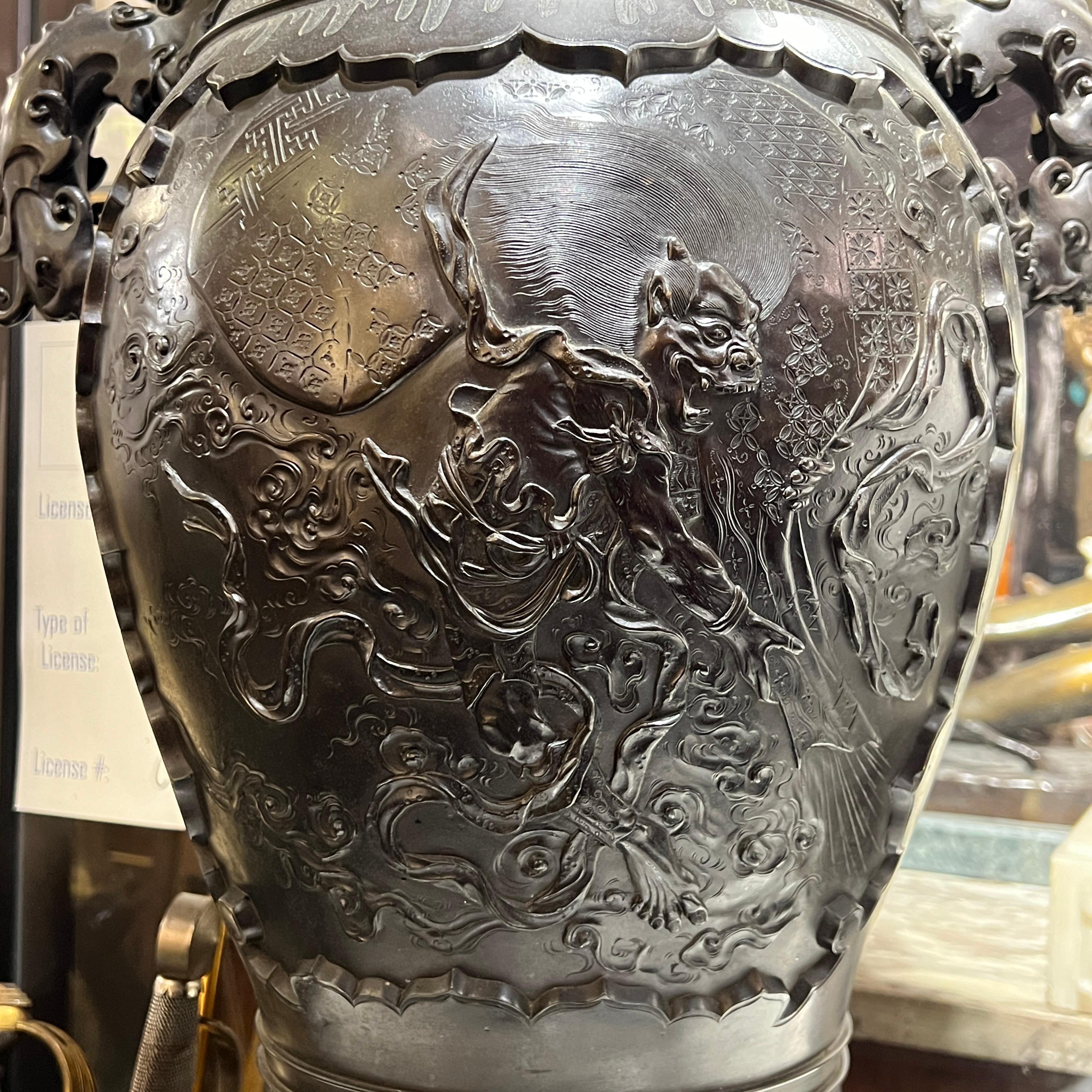 Patinated Pair Large Meiji Japanese Bronze Vases For Sale