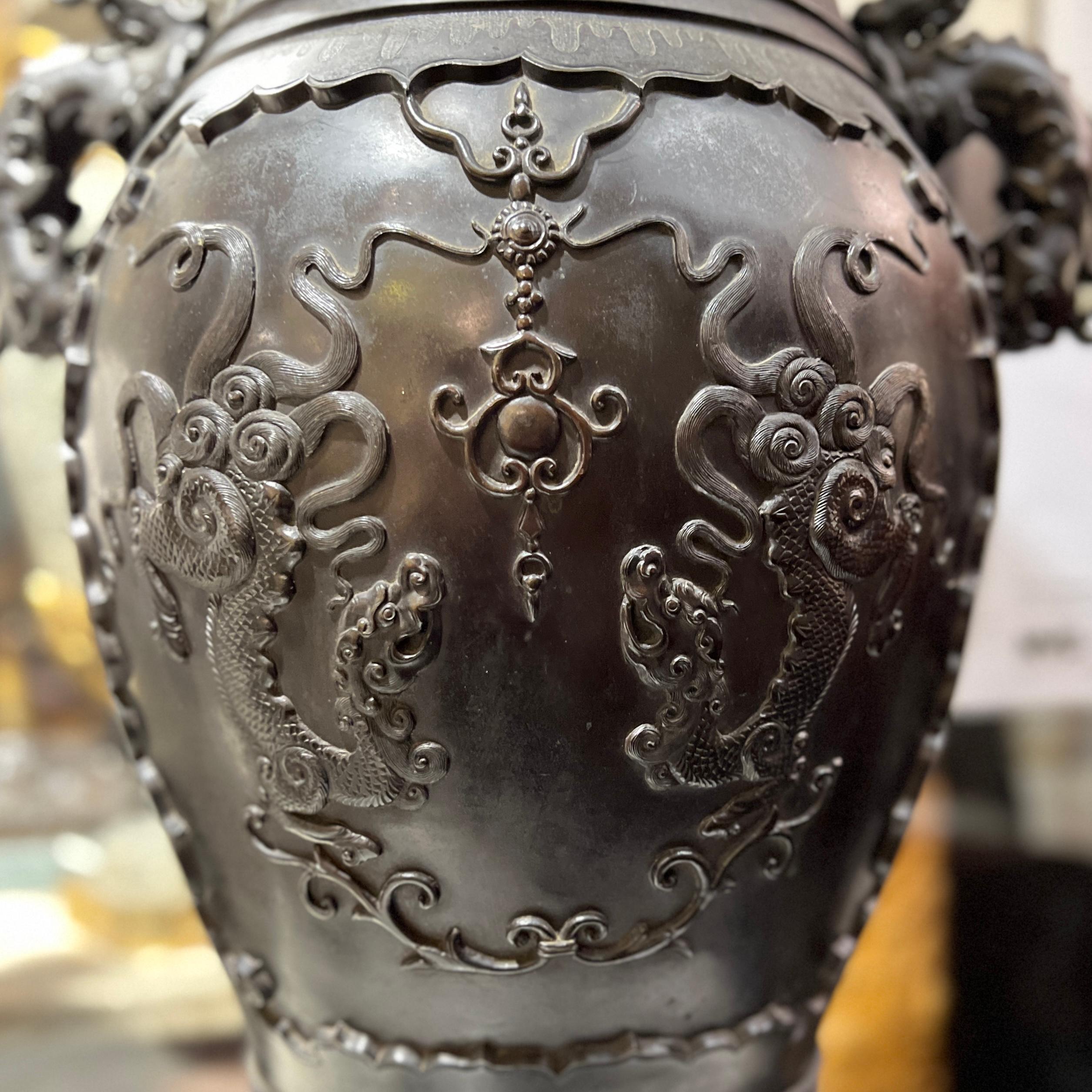 19th Century Pair Large Meiji Japanese Bronze Vases For Sale