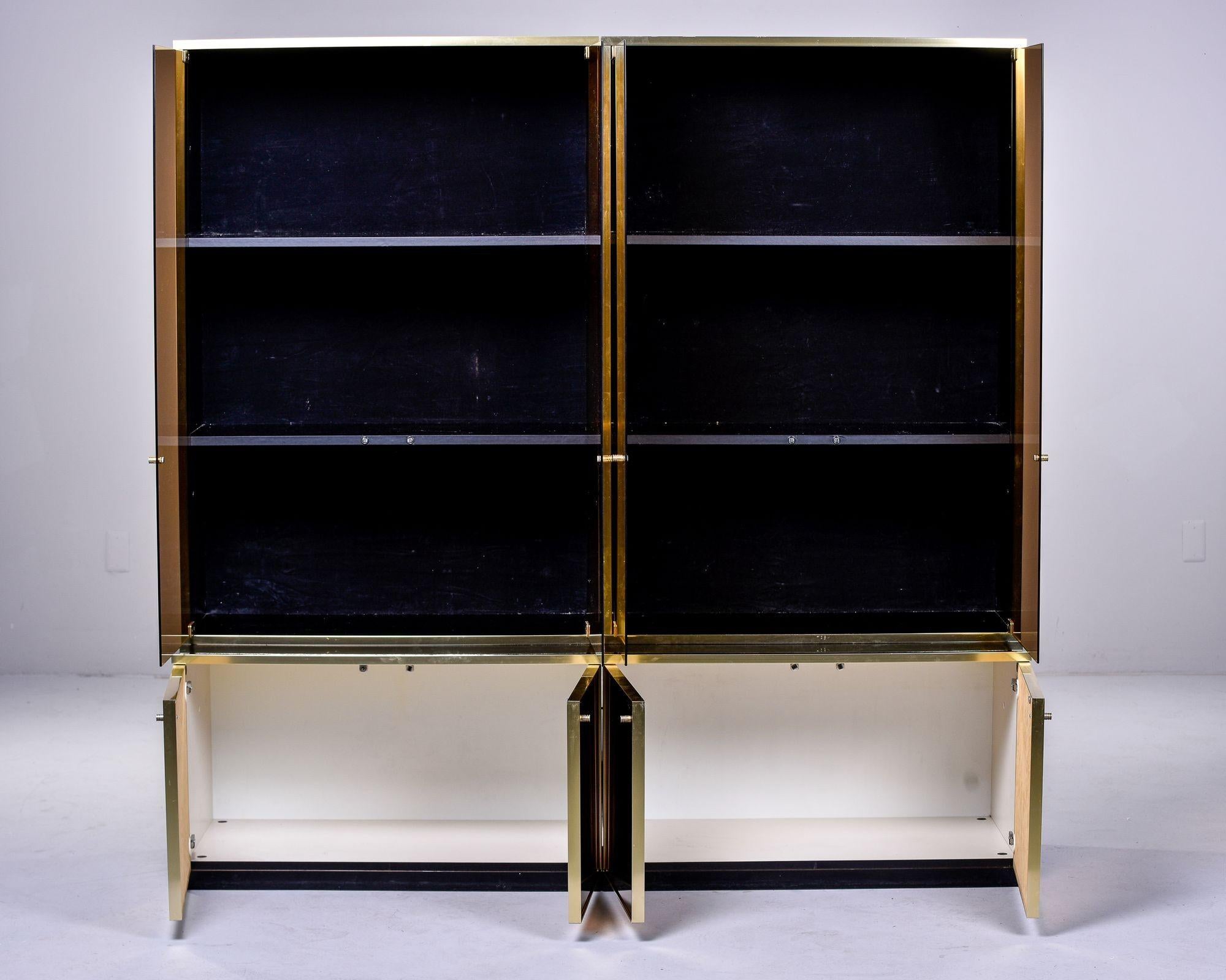20th Century Pair Large Mid Century Brass and Glass Two Section Shelf Cabinets