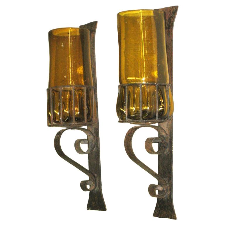 Pair Large Mid-Century Modern Hand Blown Amber Glass & Wrought Iron Wall Sconces For Sale