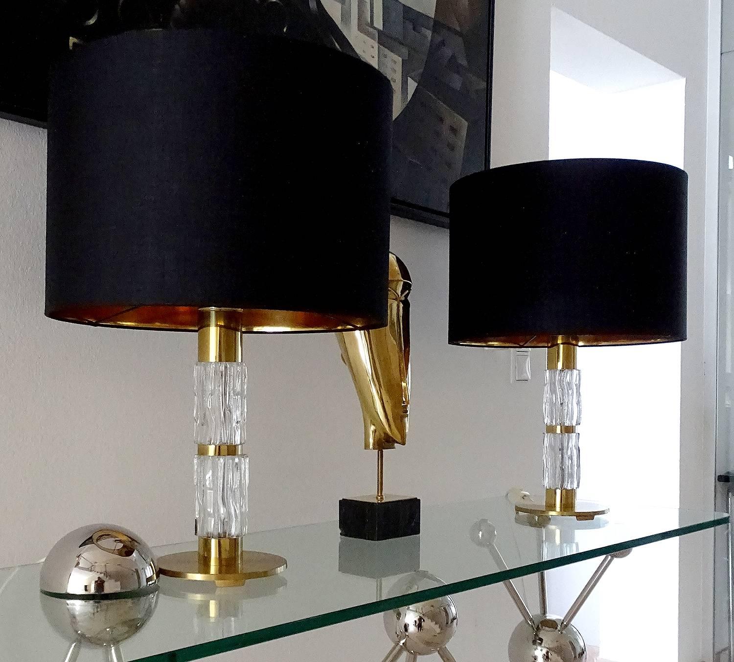 Mid Century Pair Modern Kaiser Glass Table Lamps, Gold Brass Black, 60s For Sale 1