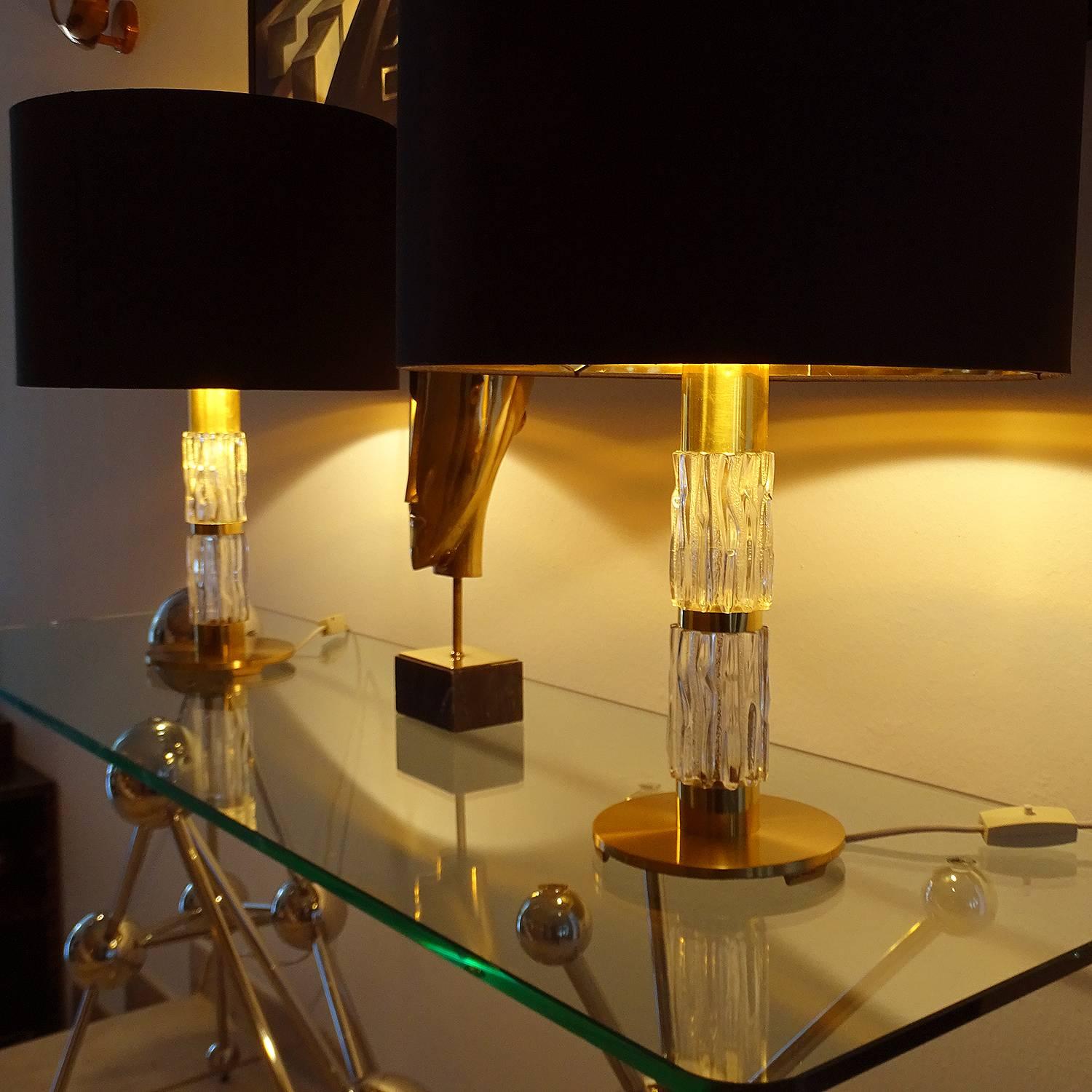Mid Century Pair Modern Kaiser Glass Table Lamps, Gold Brass Black, 60s For Sale 2