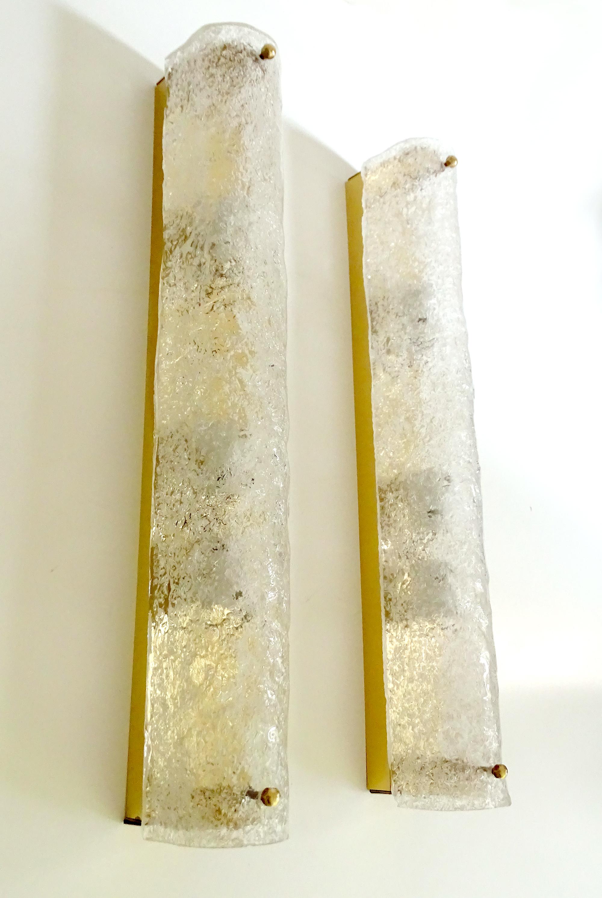 European Pair of Large Mid-Century Modern Mirror Murano Glass & Brass Sconces Lights