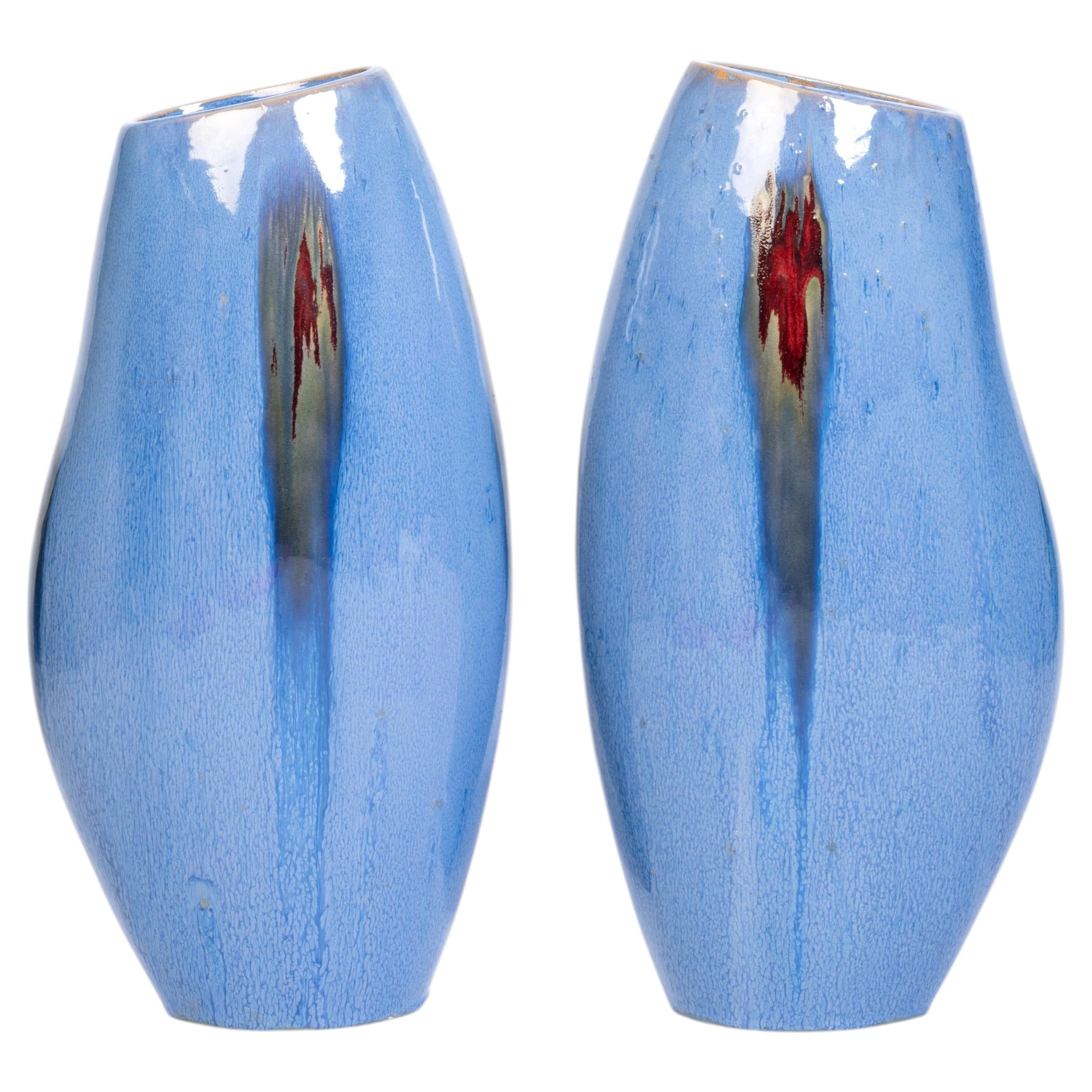 Pair Large Mid-Century Stoneware Floor Vases with Flambe Glaze, Belgium