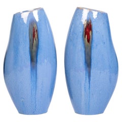 Pair Large Mid-Century Stoneware Floor Vases with Flambe Glaze, Belgium C.1950