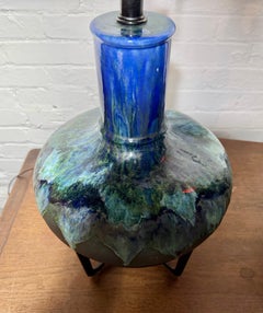 Pair large Modernist Drip Glazed Ceramic / Iron base Lamps / Fantoni Style