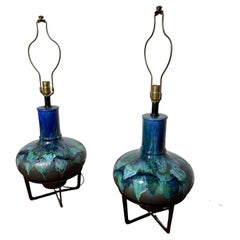 Pair large Modernist Drip Glazed Ceramic / Iron base Lamps / Fantoni Style