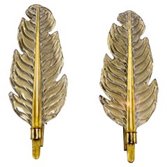 Pair Large Murano Glass Gold Leaf Form Sconces
