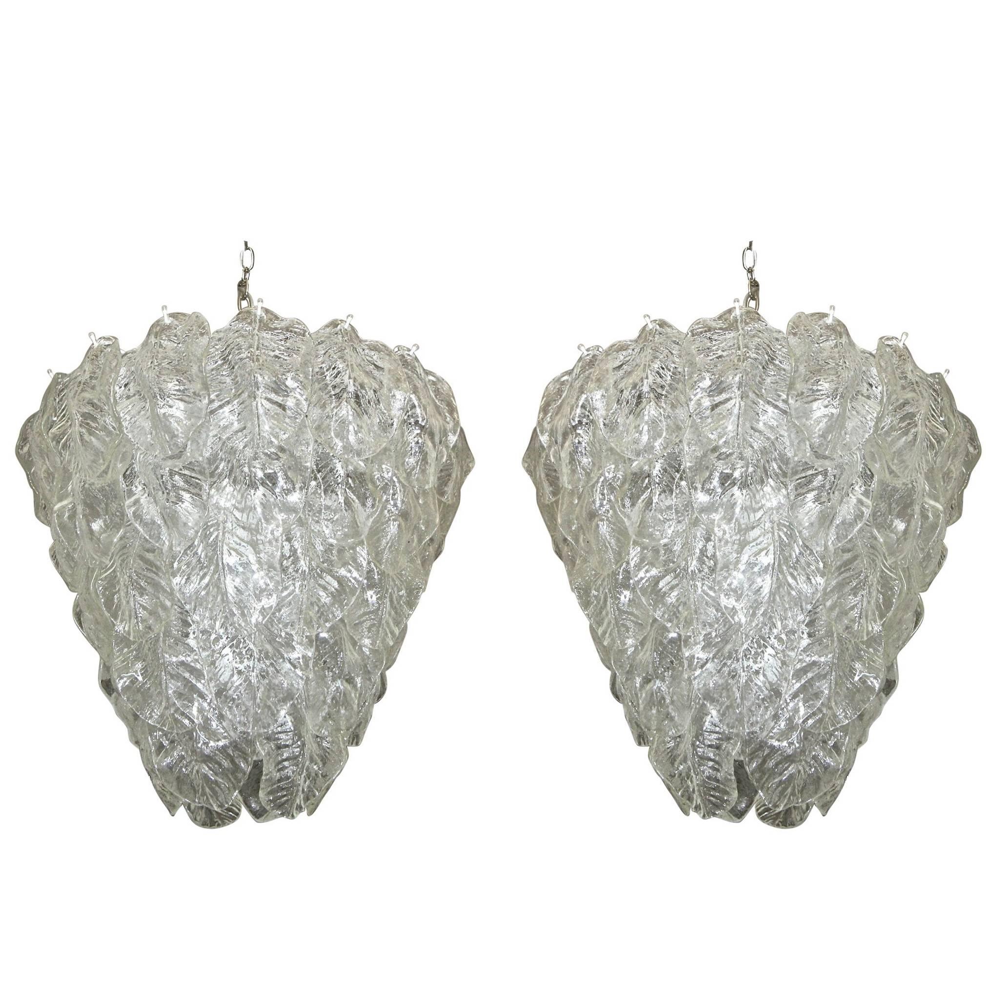 Pair Large Murano Italian Chandeliers with Glass Leaves