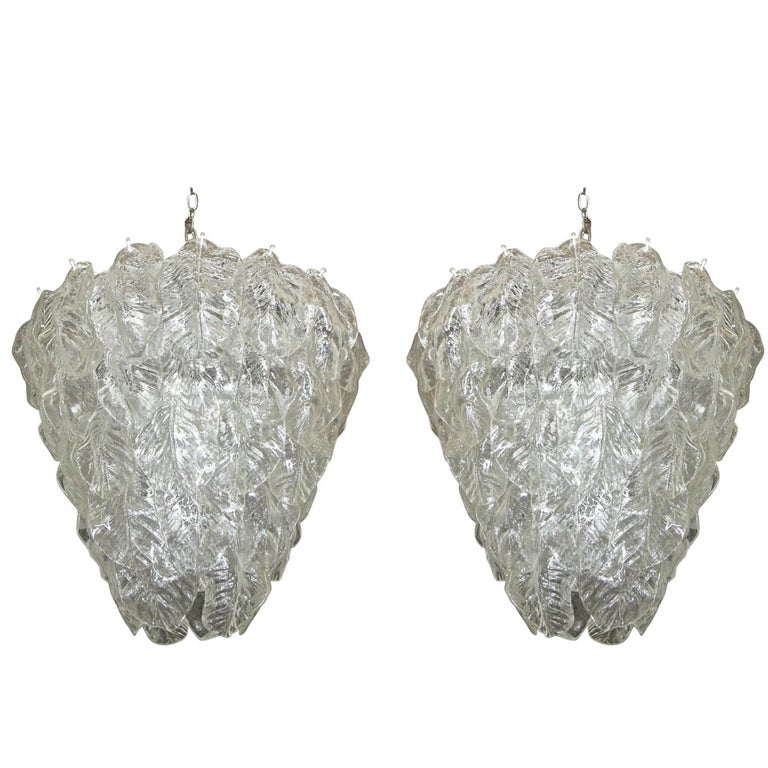 Pair Large Murano Italian Chandeliers with Glass Leaves at 1stDibs