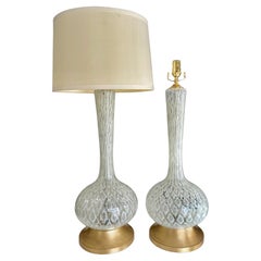 Pair Large Murano Mazzega White & Clear Table Lamps