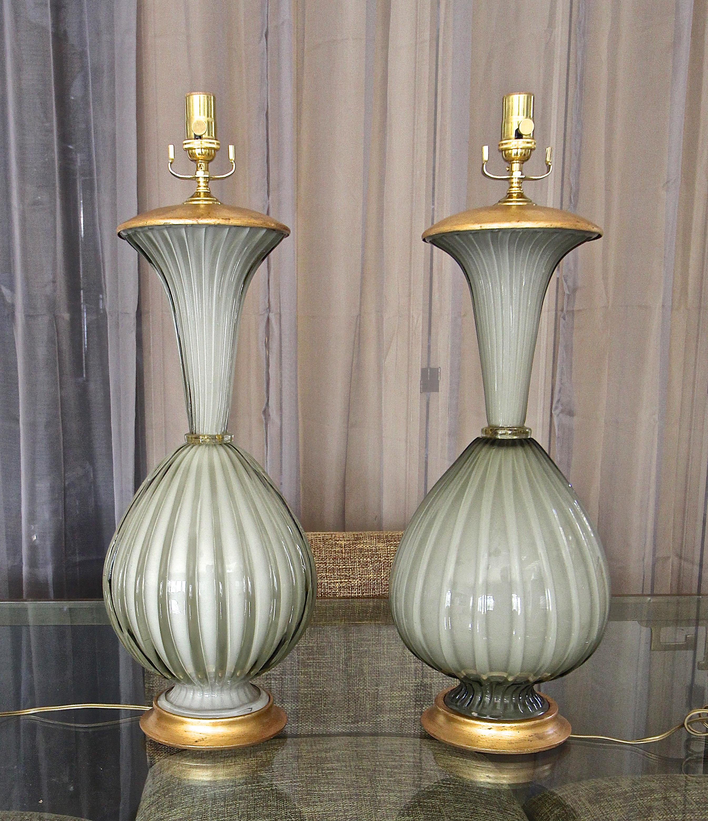 Pair of Large Murano Oliver Grey Cased Glass Table Lamps For Sale 8