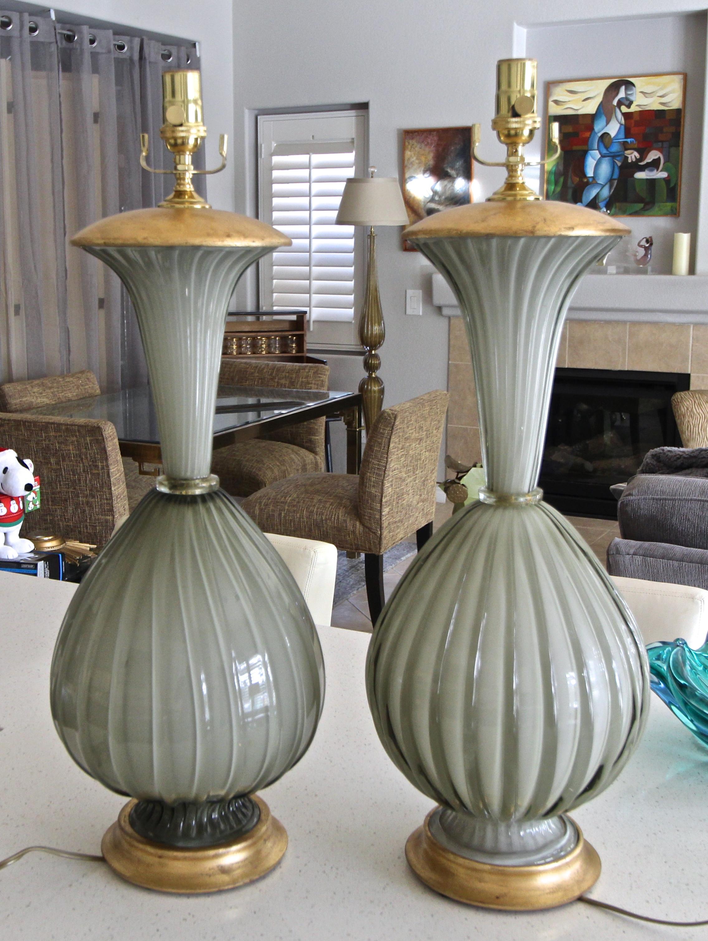 Pair of Large Murano Oliver Grey Cased Glass Table Lamps For Sale 9