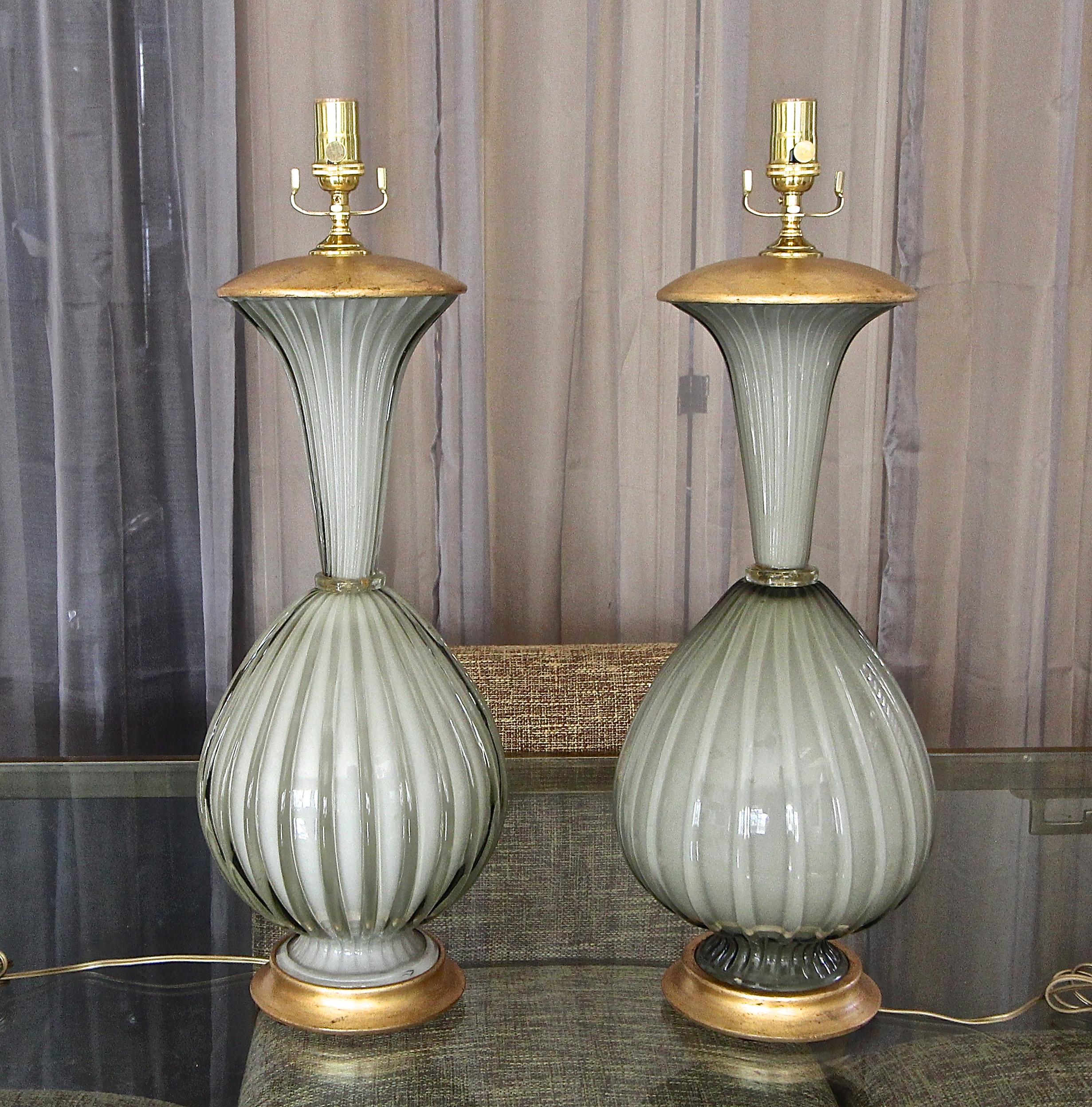Italian Pair of Large Murano Oliver Grey Cased Glass Table Lamps For Sale