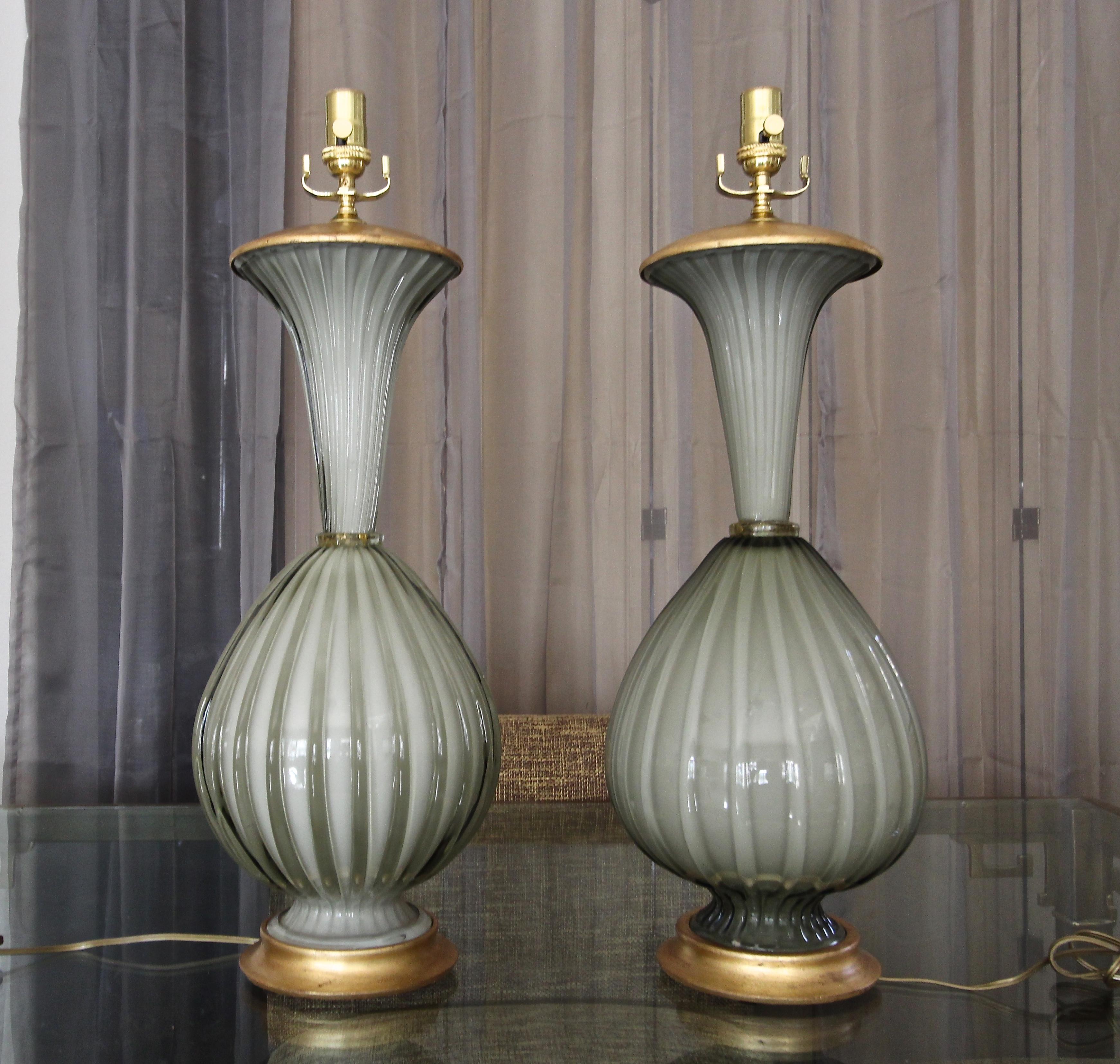 Brass Pair of Large Murano Oliver Grey Cased Glass Table Lamps For Sale