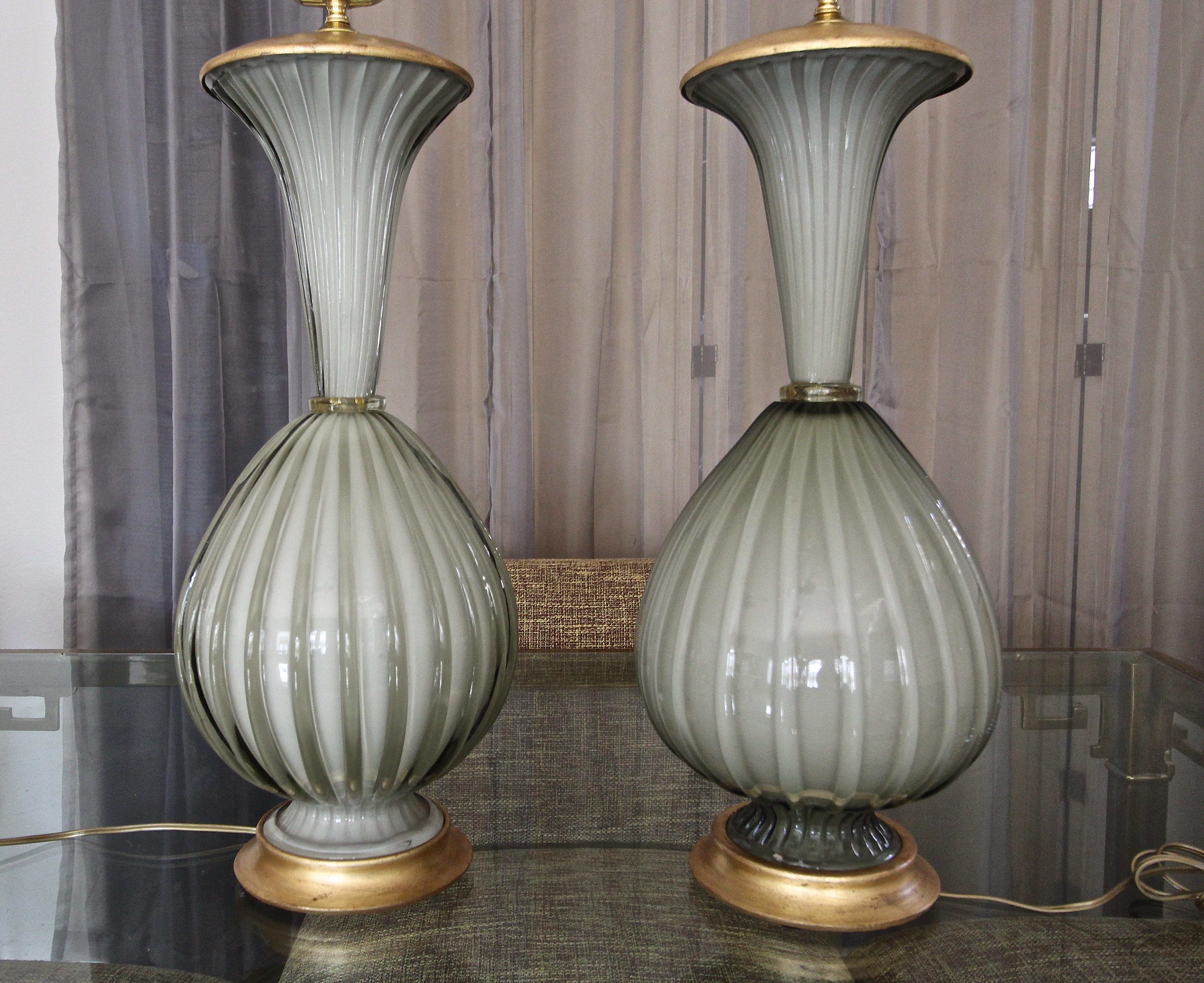 Pair of Large Murano Oliver Grey Cased Glass Table Lamps For Sale 1