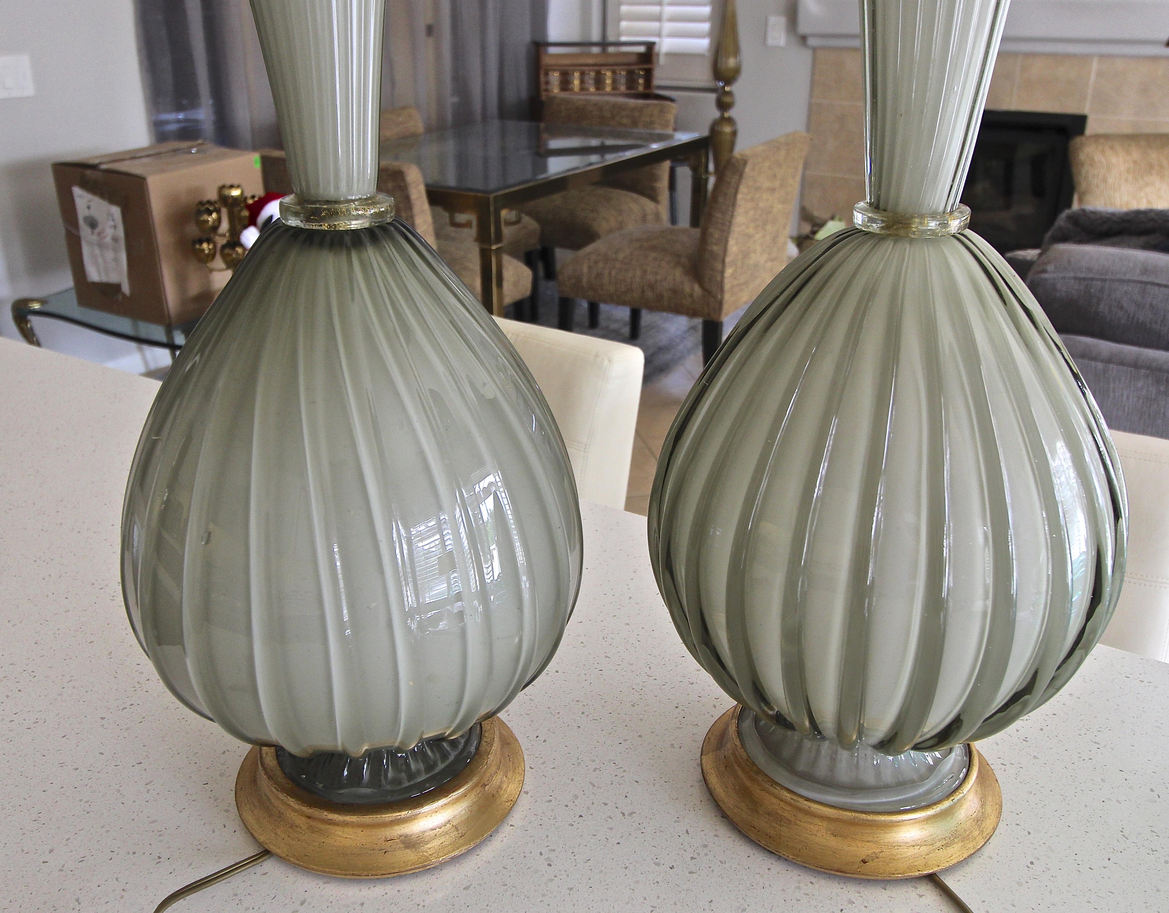 Pair of Large Murano Oliver Grey Cased Glass Table Lamps For Sale 3