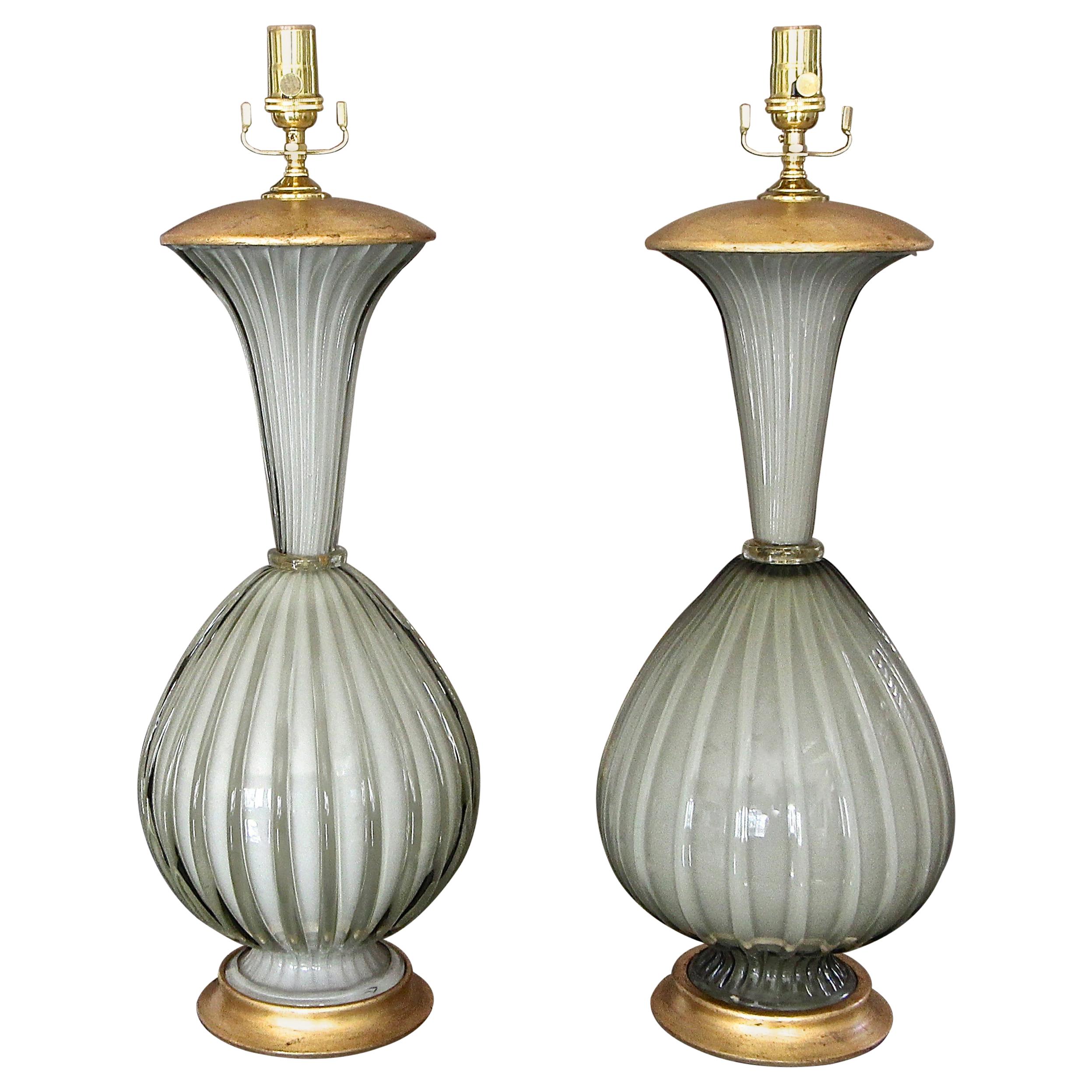 Pair of Large Murano Oliver Grey Cased Glass Table Lamps For Sale
