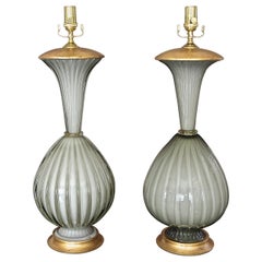 Vintage Pair of Large Murano Oliver Grey Cased Glass Table Lamps