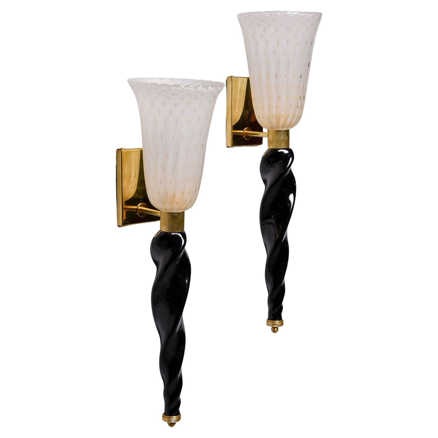 Pair Large Murano Torchiere Sconces with Black Glass Base