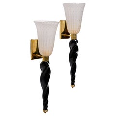 Große Murano-Torchiere-Wandleuchter mit schwarzem Glassockel, Paar