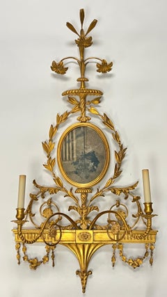 Pair Large Neoclassical English Adam Style Giltwood Girandole Sconces