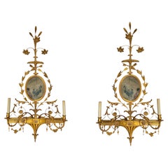 Pair Large Neoclassical English Adam Style Giltwood Girandole Sconces