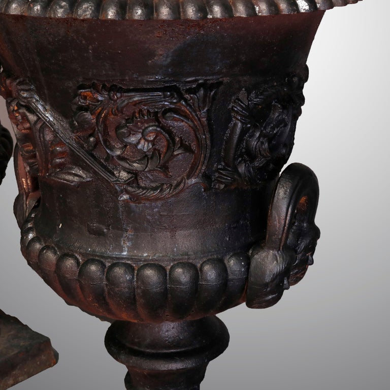 Pair of Large Neoclassical Painted Relief Cast Iron Garden Urns, 20th